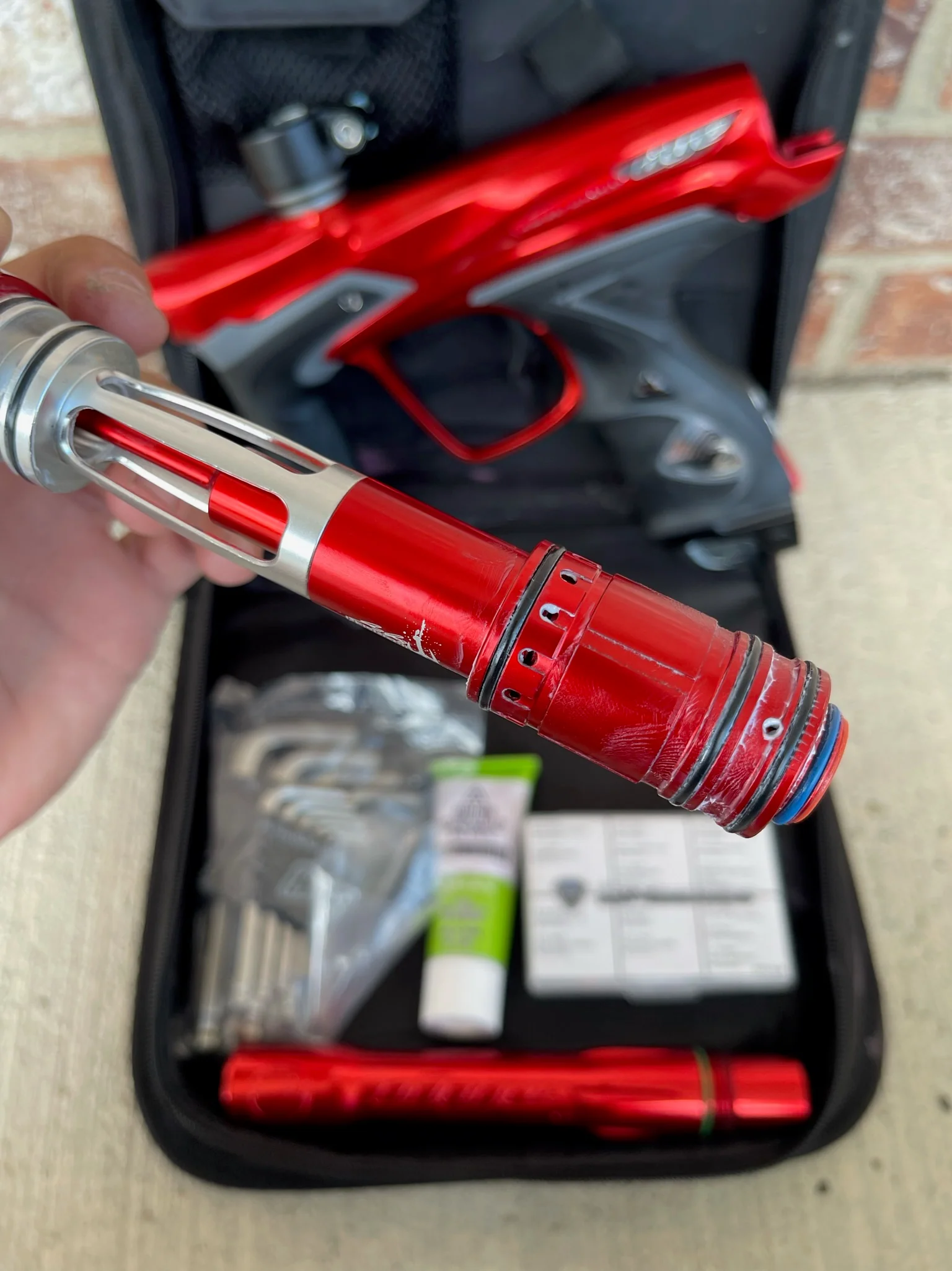 Used Dye DM15 Paintball Marker - Gloss Red w/ 2 UL Backs, Lockdown 2 Feedneck, SLAP ASA, Deuce Trigger - Image 9