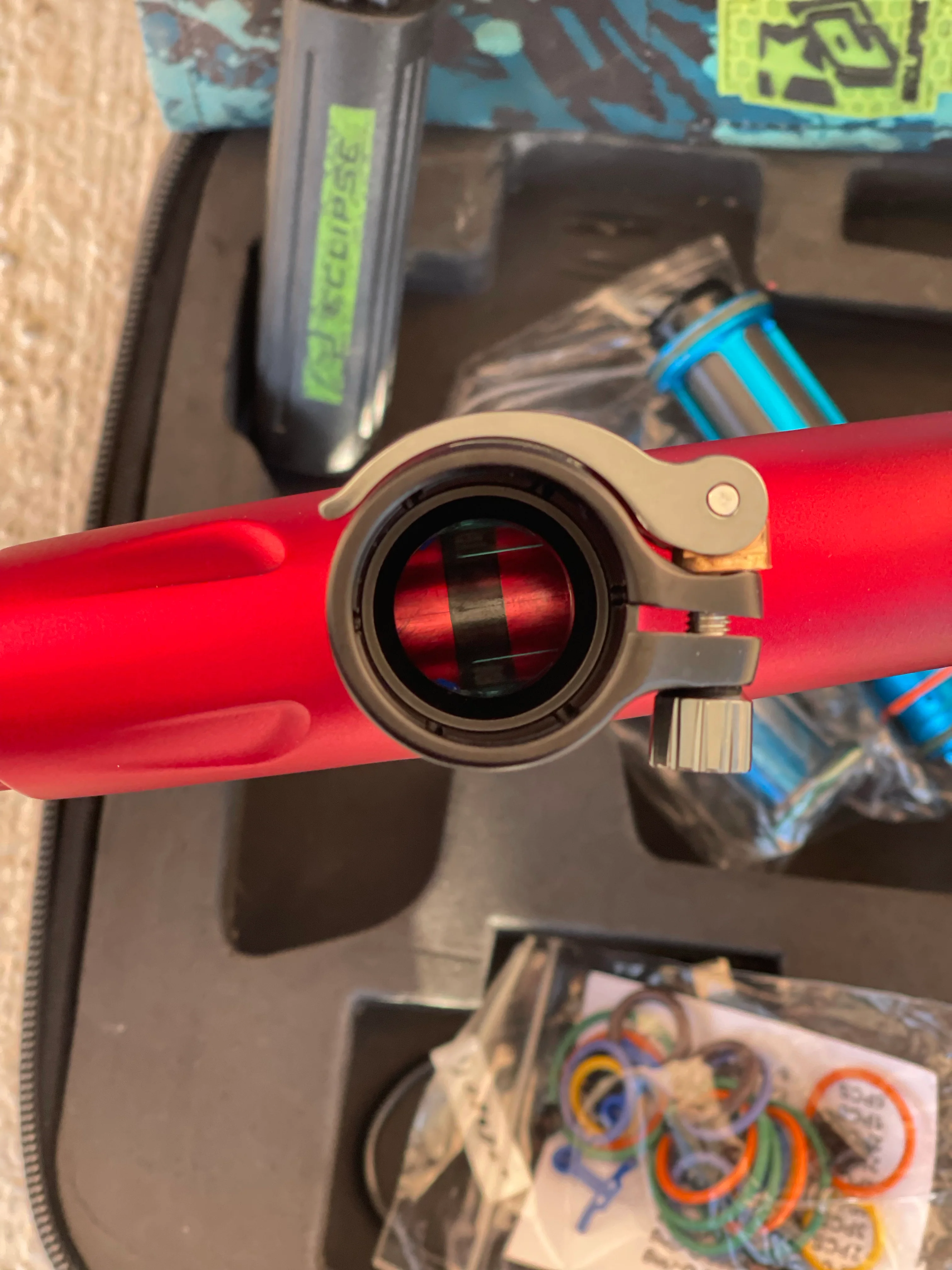 Used Dye DSR Paintball Gun - Black Cherry w/ Flex Face Bolt, Flex Flow Can, 4th Gen Eye Pipe, and Lockdown 2 Feedneck - Image 9