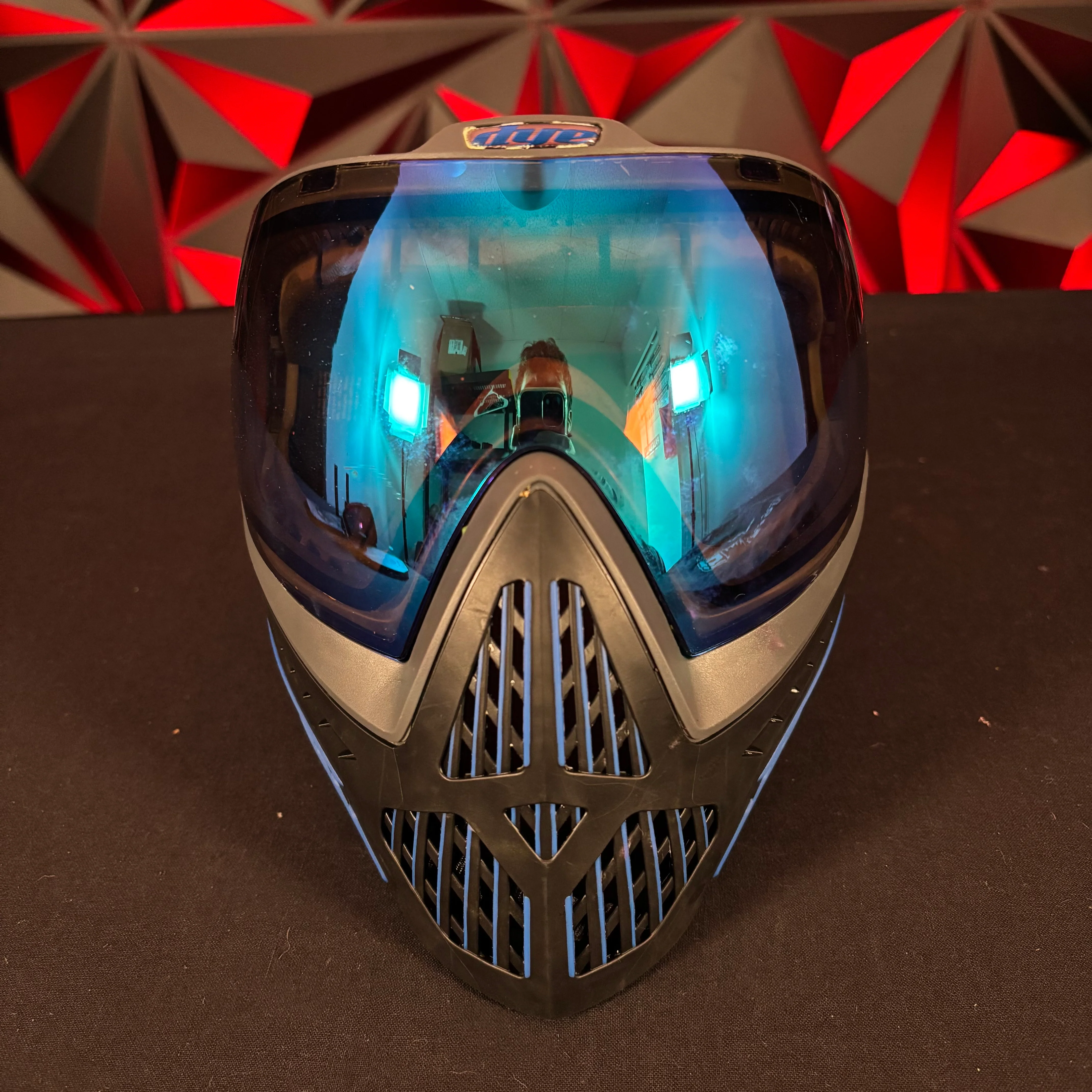 Used Dye I5 Paintball Goggle - Storm (Black w/Blue) w/Chin Strap and Soft Goggle Bag - Image 2