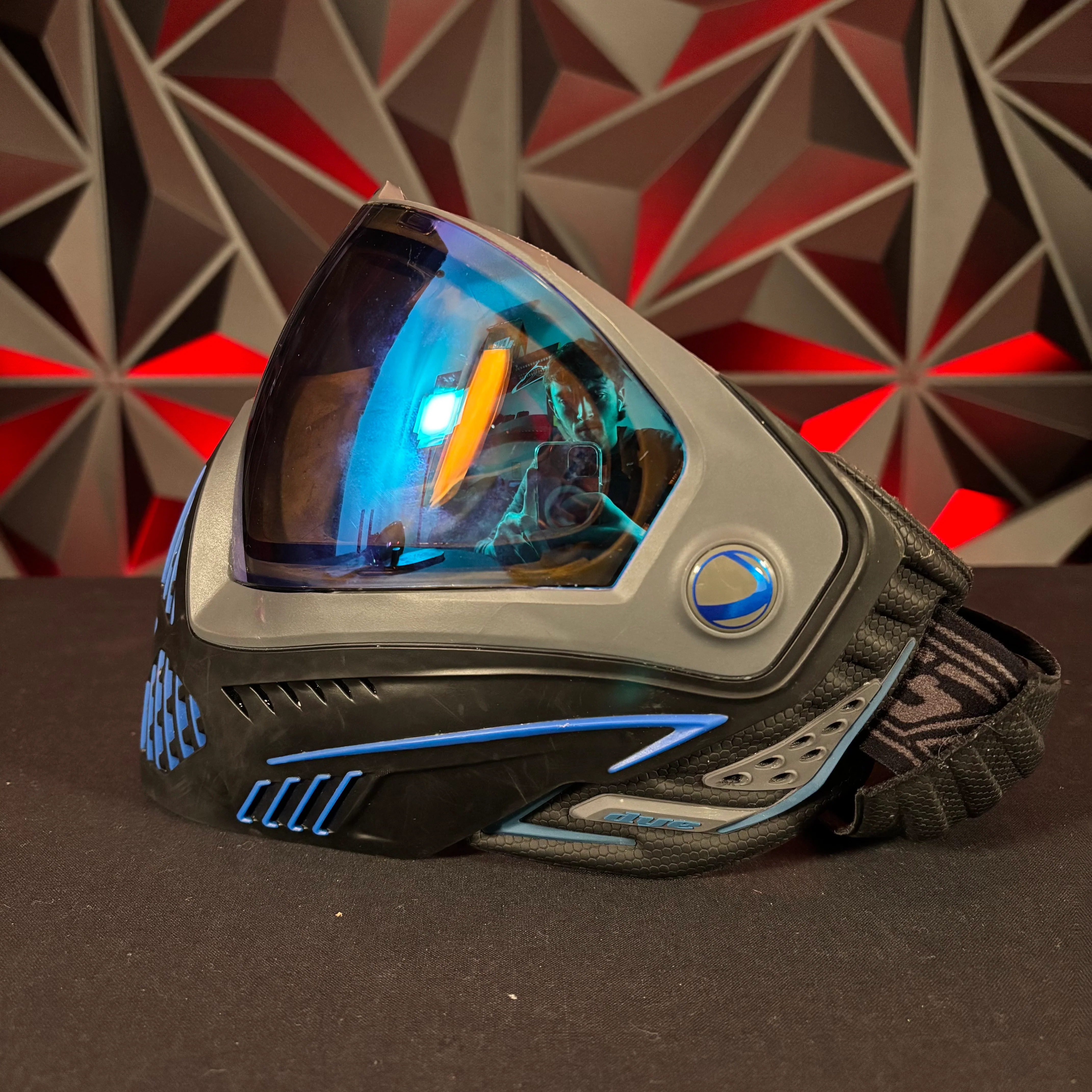 Used Dye I5 Paintball Goggle - Storm (Black w/Blue) w/Chin Strap and Soft Goggle Bag - Image 4