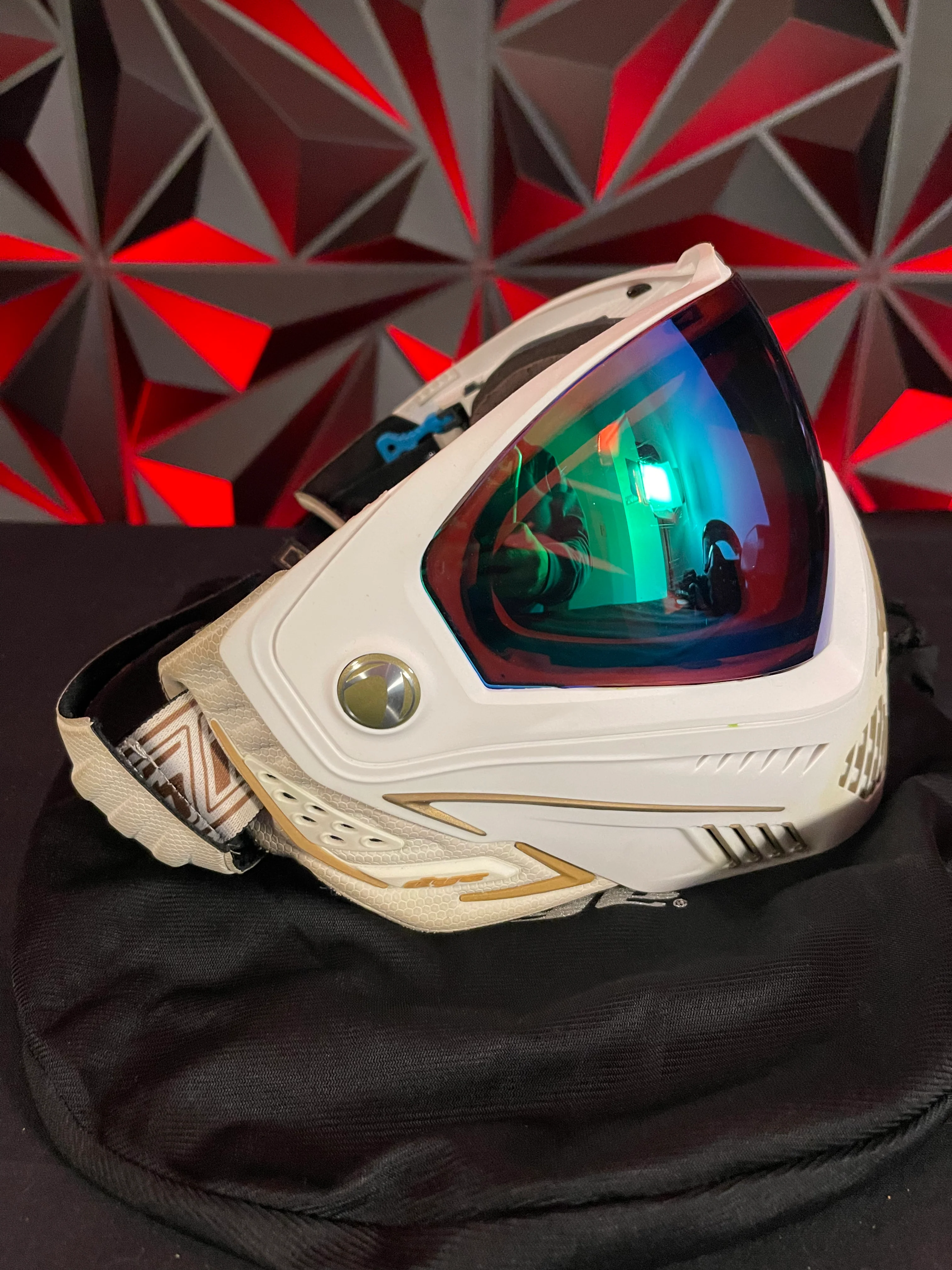 Used Dye I5 Paintball Goggle - White / Gold w/ Soft Goggle Bag - Image 3