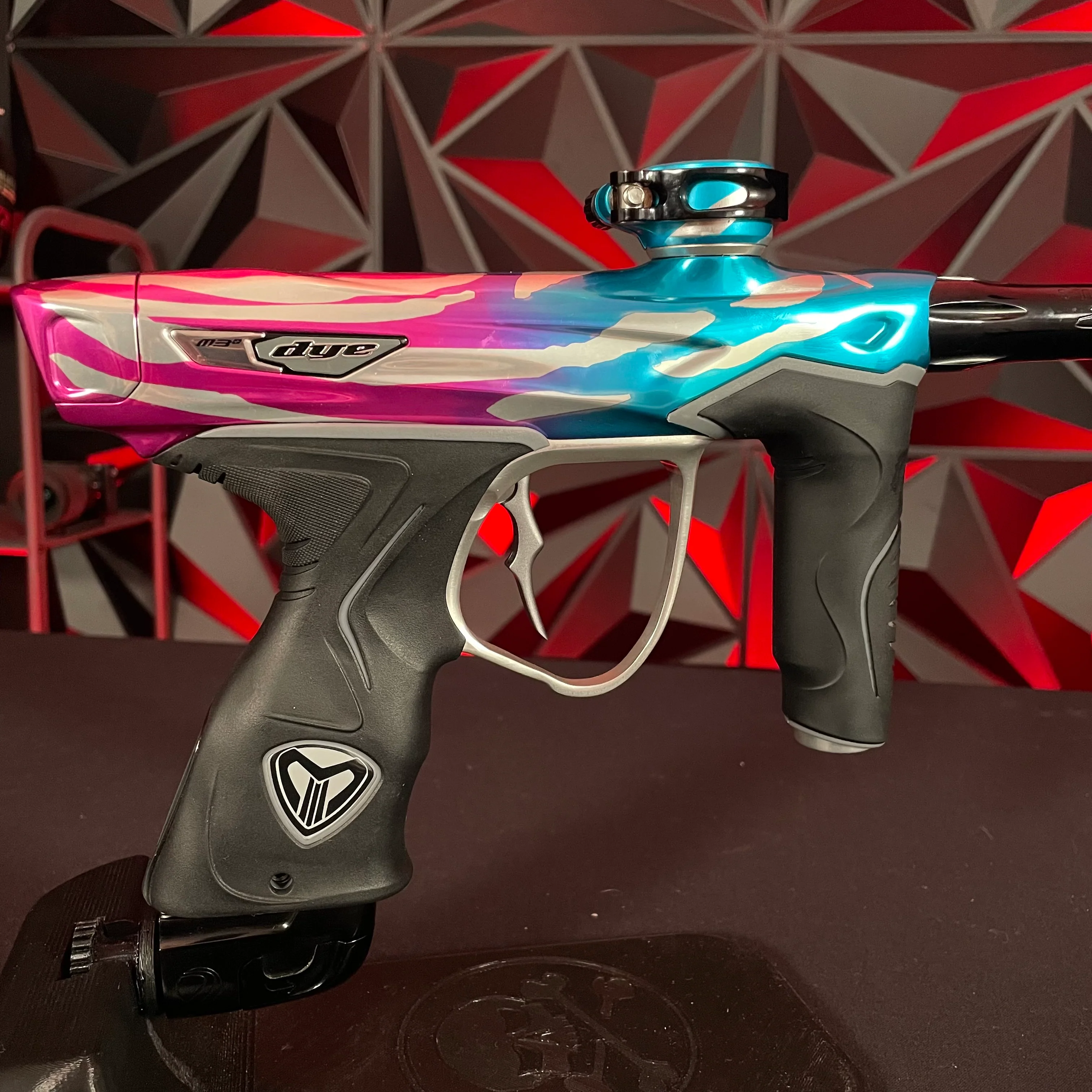 Used Dye M3+ Paintball Gun - Tiger Royalty (Pink & Cyan) w/ MOSAir Charging Pad - Image 2