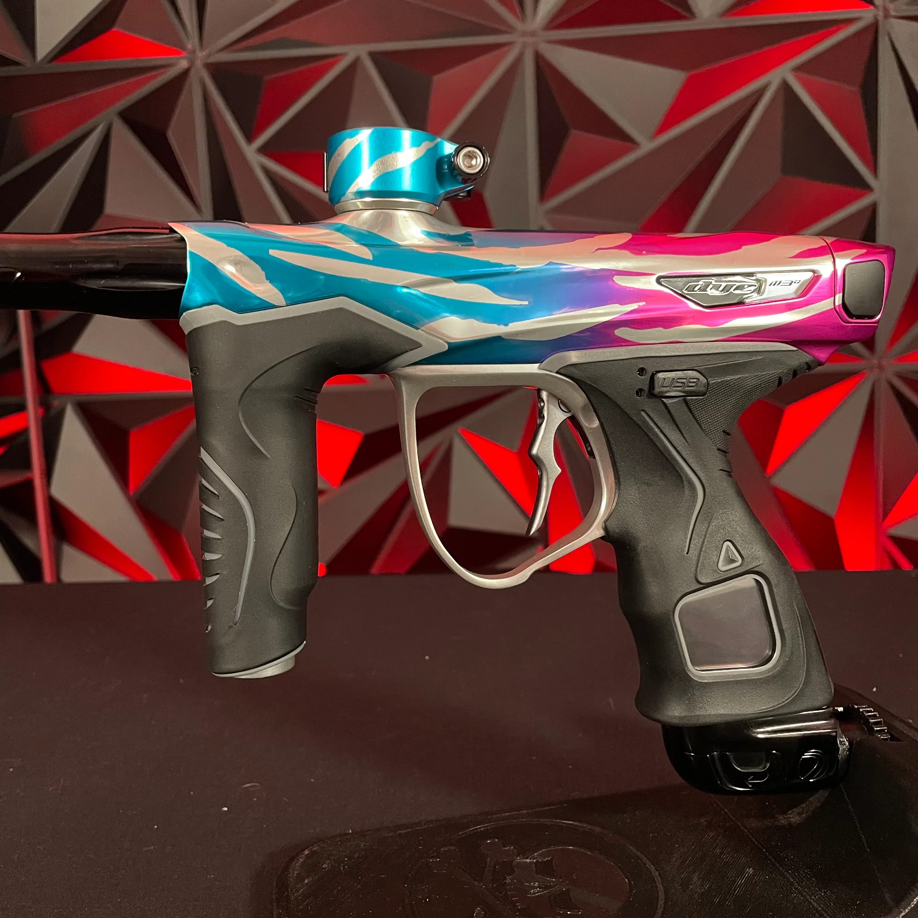 Used Dye M3+ Paintball Gun - Tiger Royalty (Pink & Cyan) w/ MOSAir Charging Pad - Image 5