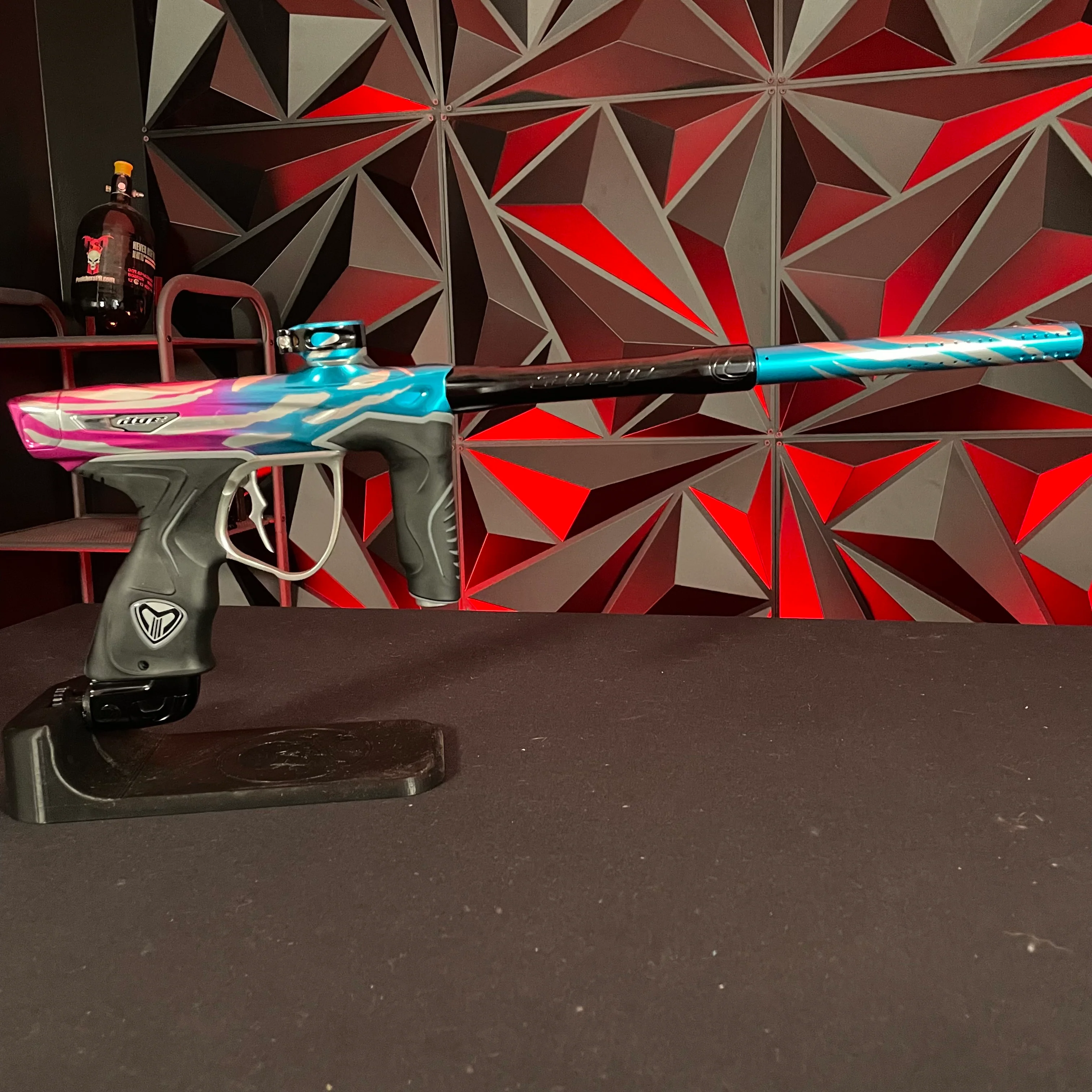 Used Dye M3+ Paintball Gun - Tiger Royalty (Pink & Cyan) w/ MOSAir Charging Pad - Image 6
