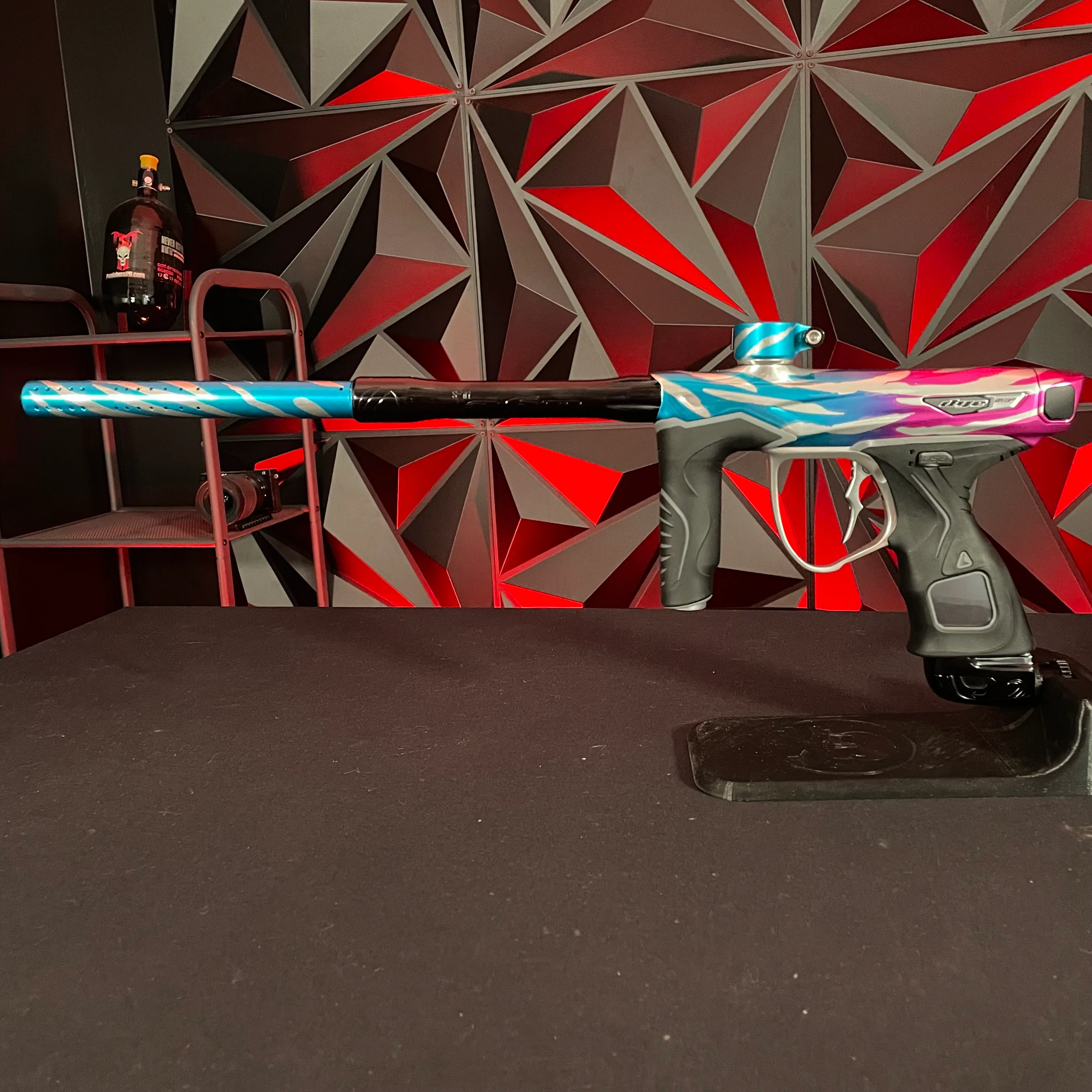 Used Dye M3+ Paintball Gun - Tiger Royalty (Pink & Cyan) w/ MOSAir Charging Pad - Image 7