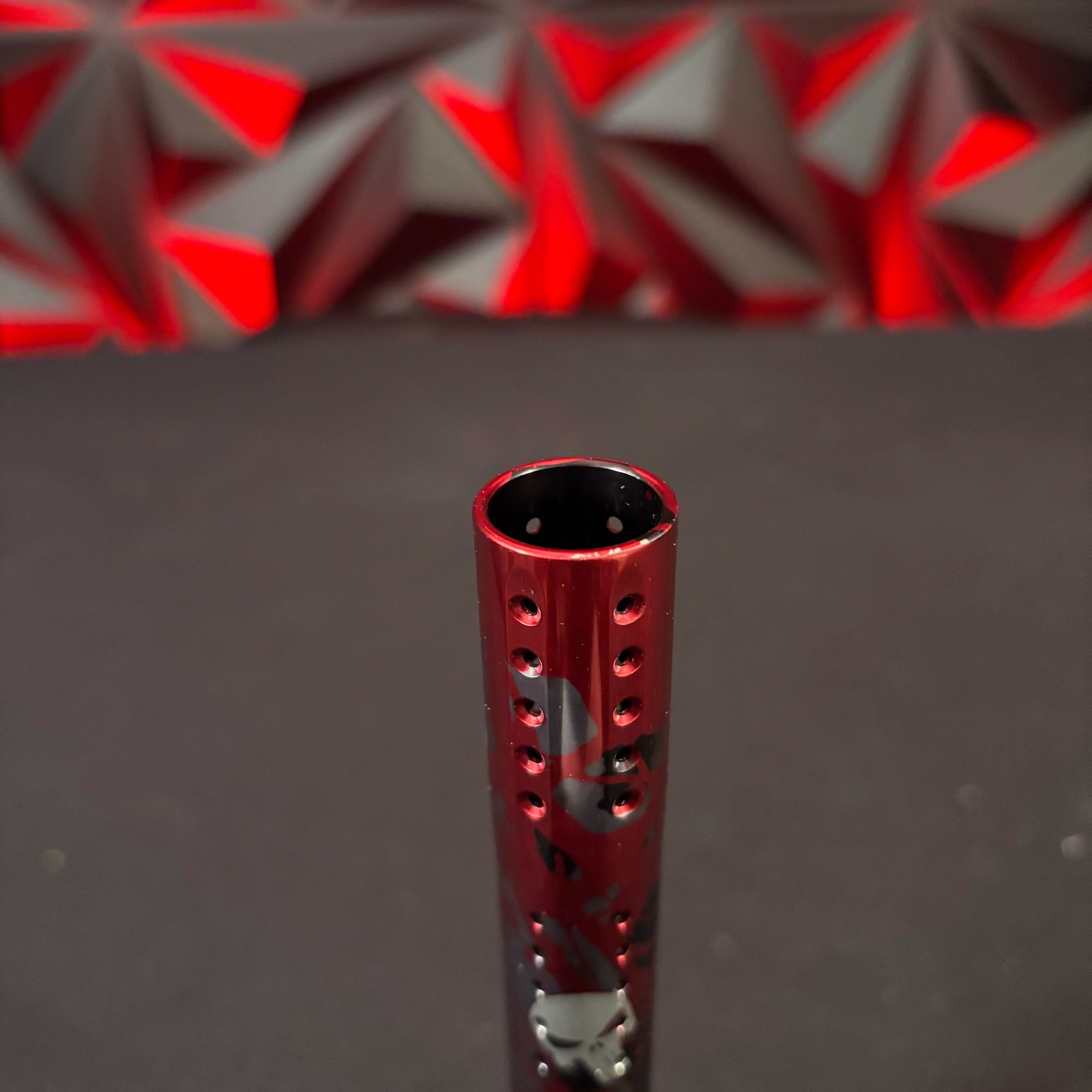 Used Dye UL Paintball Barrel Tip - Custom Red/Black marble /w Skulls - Image 2