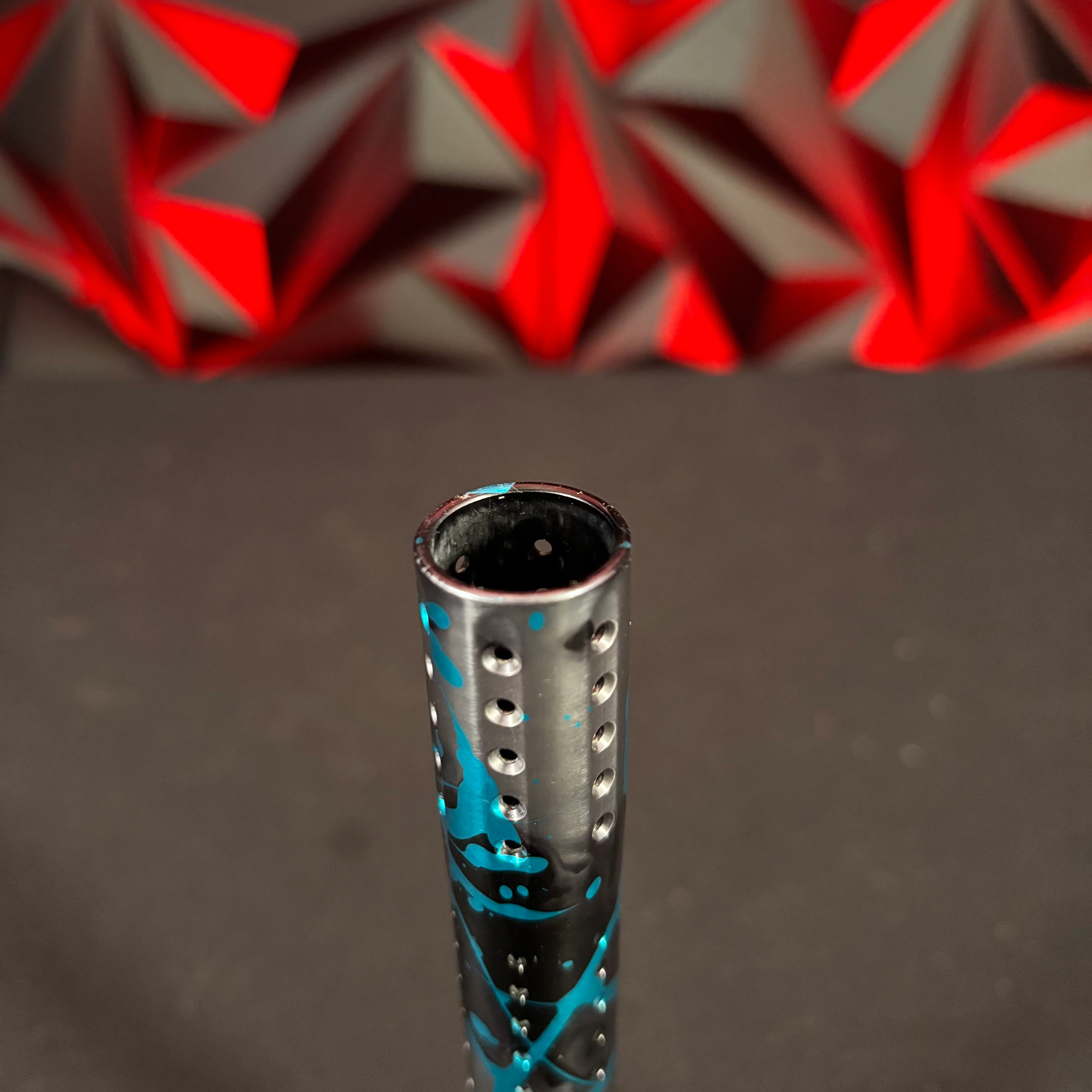Used Dye UL Paintball Barrel Tip - Custom Blue/Pewter/Black Splatter - Image 2