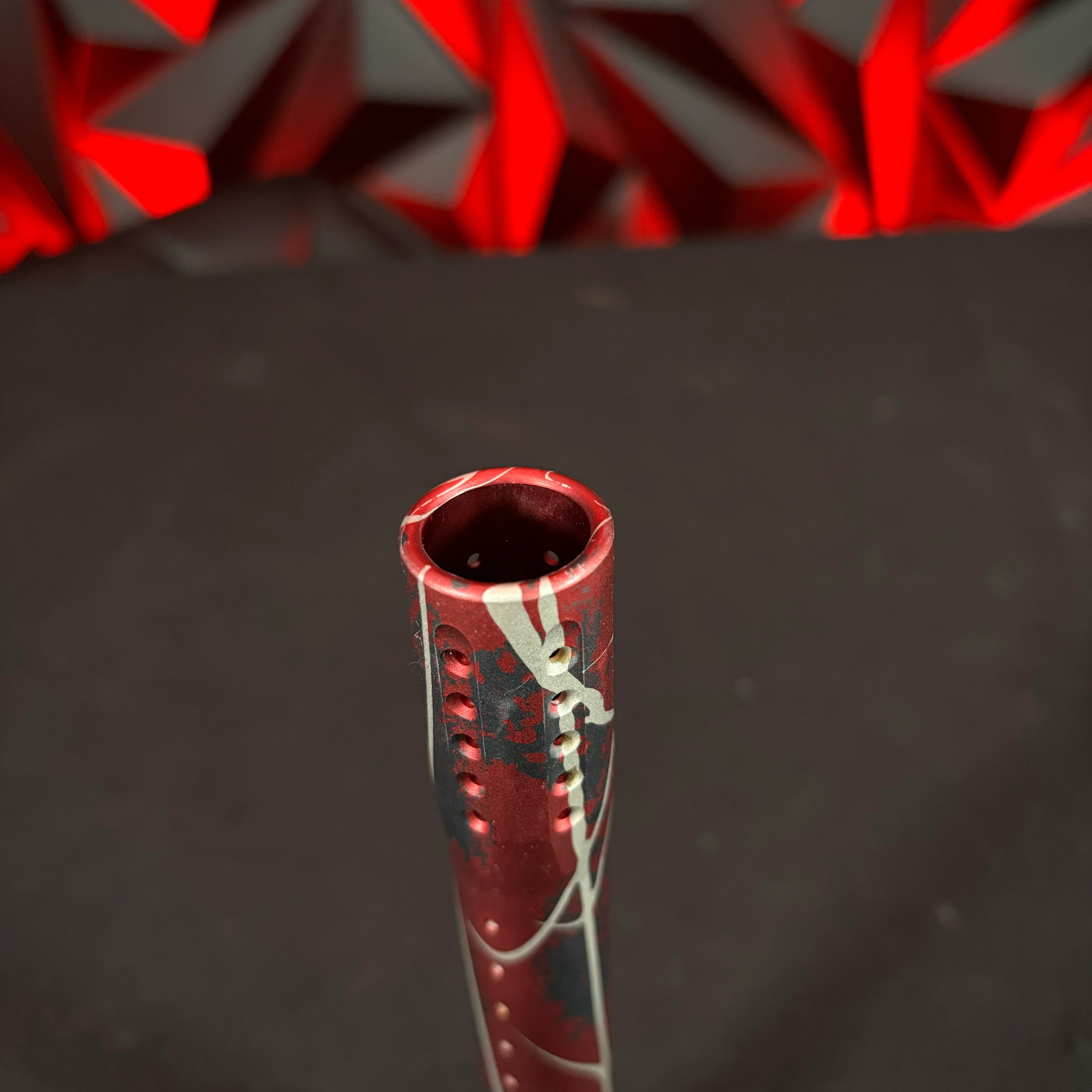 Used Dye UL Paintball Barrel Tip - Custom Red/Pewter/White Splash - Image 2