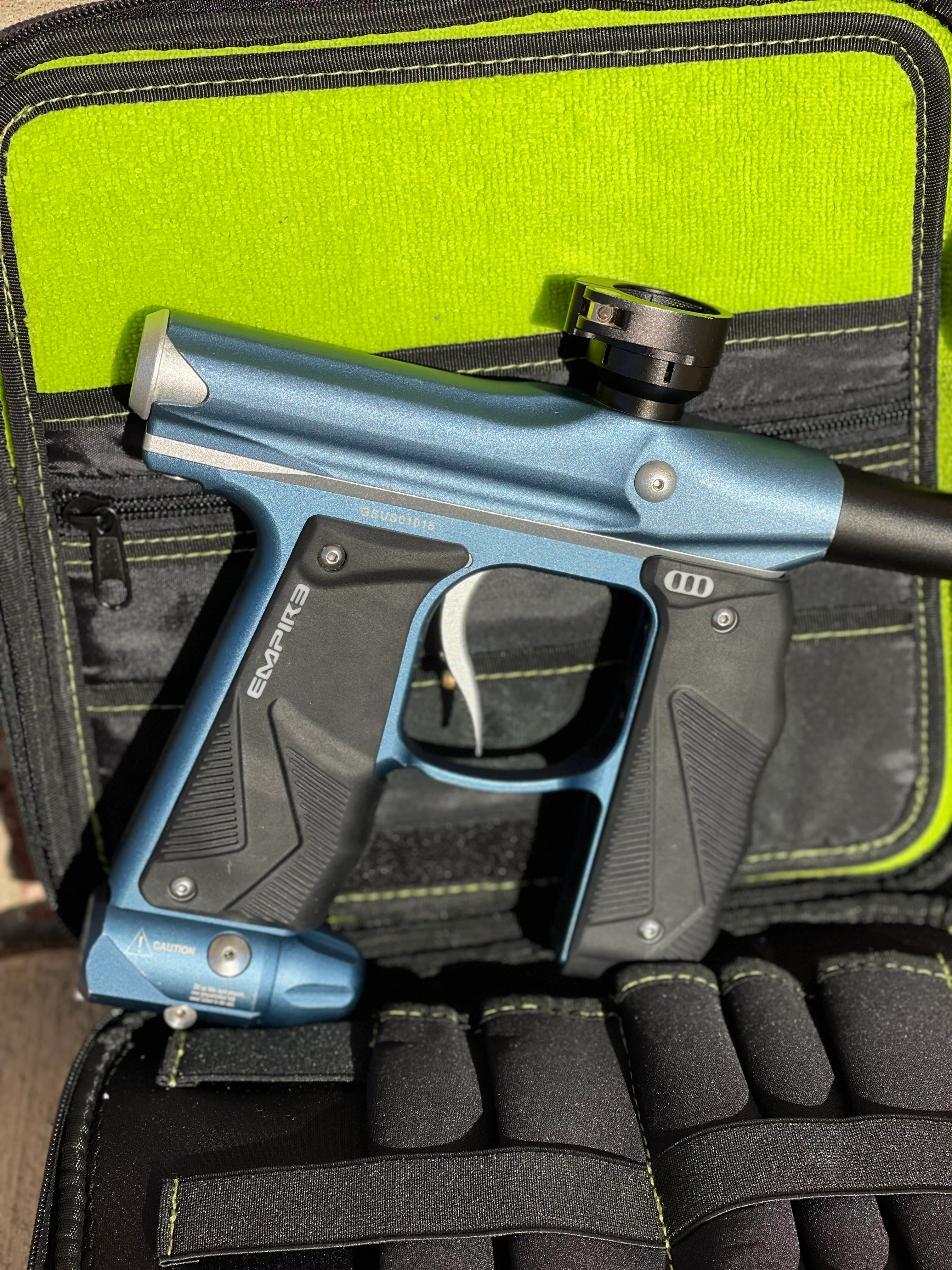 Used Empire Mini GS Paintball Gun - Blue/Silver w/ 14" 1 Piece Proto Barrel - Image 5