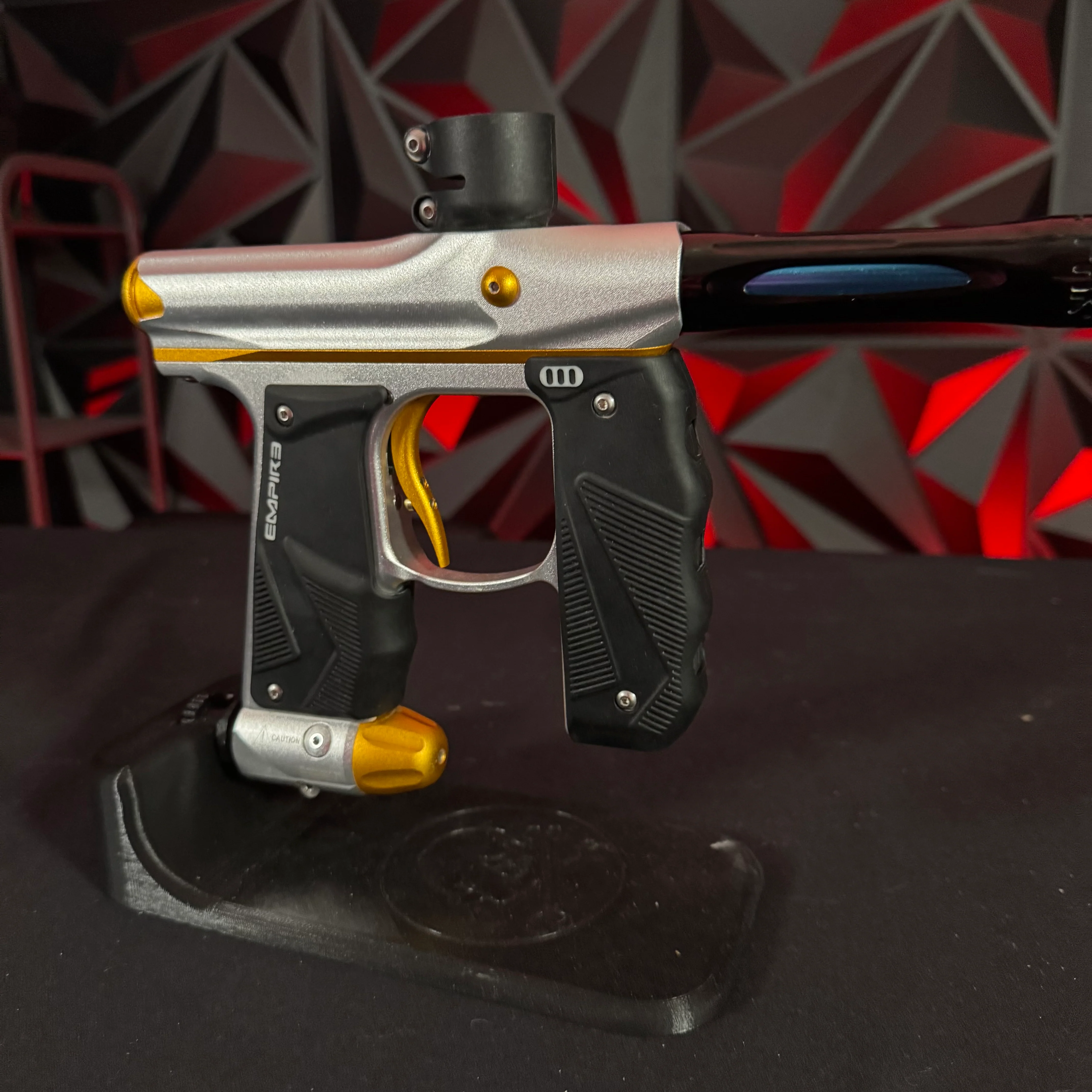 Used Empire Mini GS Paintball Gun - Dust Silver/Dust Gold w/Freak XL Barrel System - Image 4