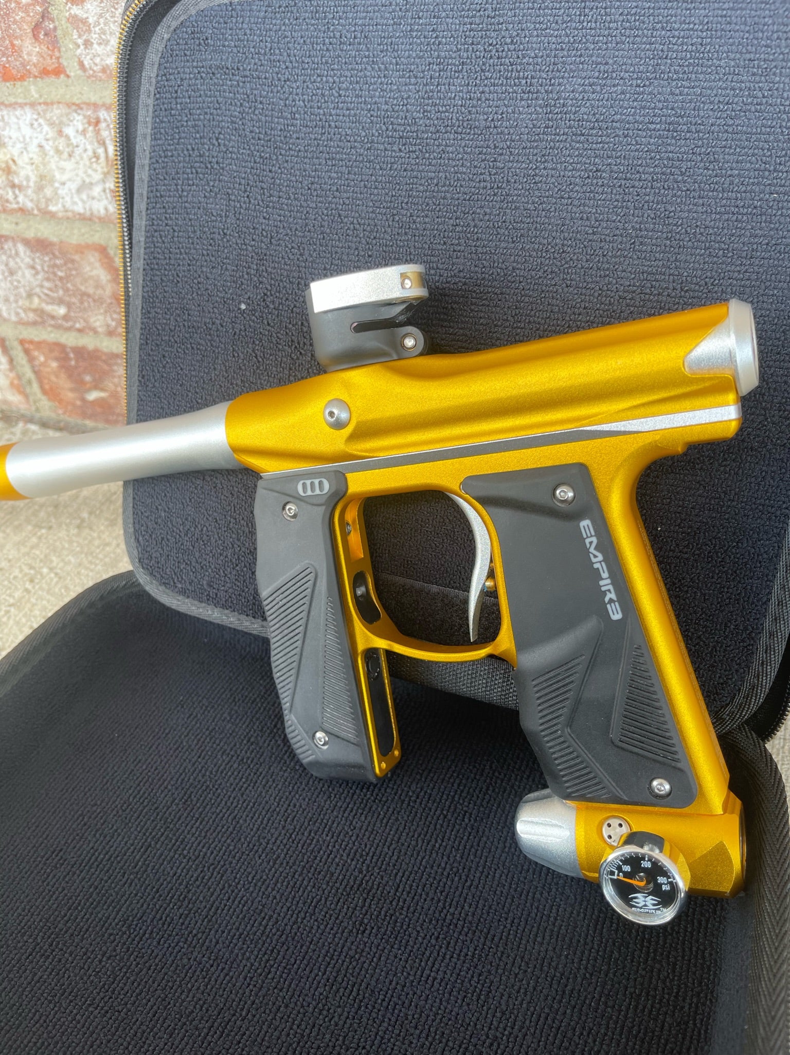 Used Empire Mini GS Paintball Gun w/ 2 Piece Barrel - Dust Gold / Silver w/ HK Army Exo 2.0 Marker Case - Image 2