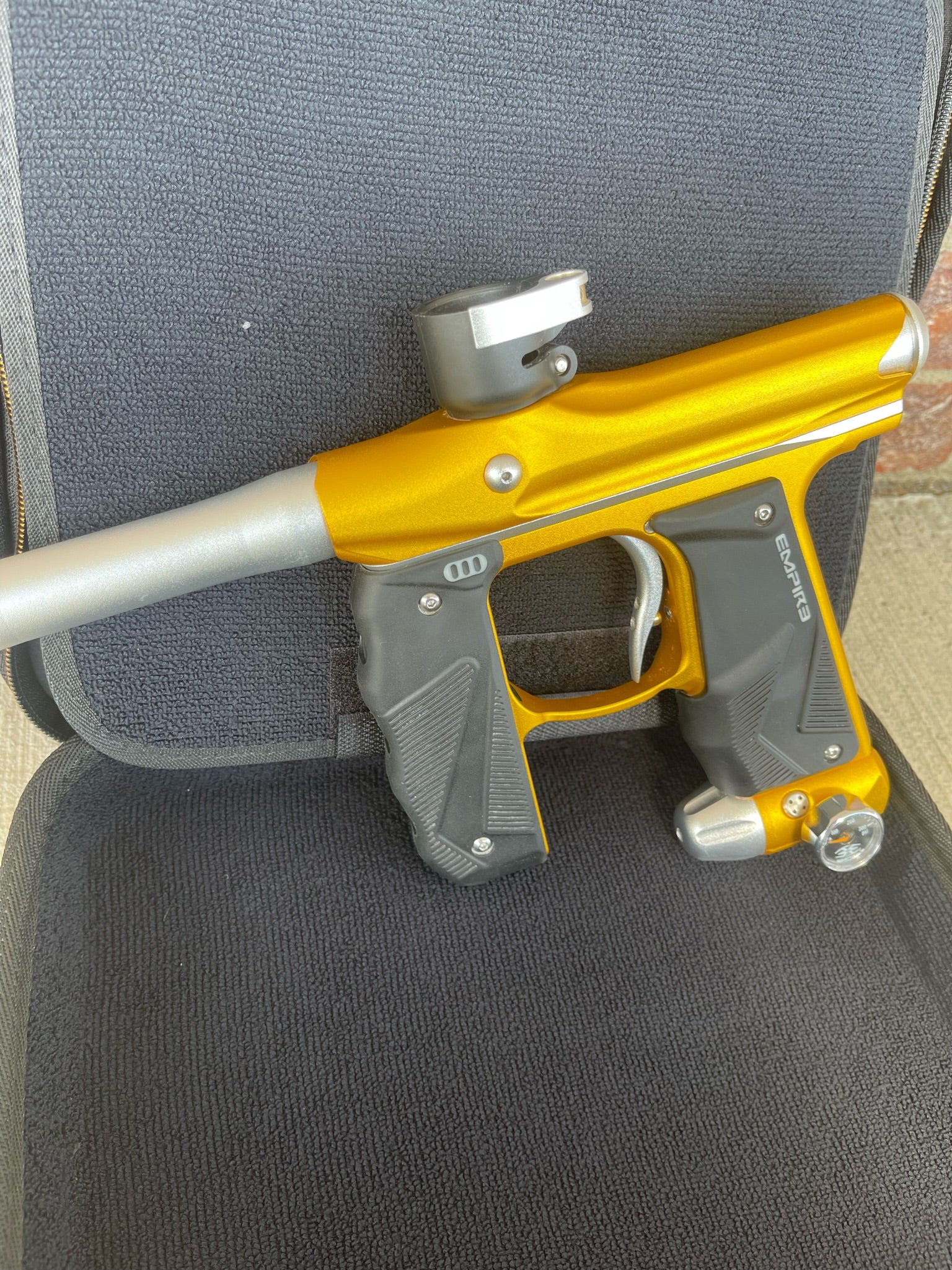 Used Empire Mini GS Paintball Gun w/ 2 Piece Barrel - Dust Gold / Silver w/ HK Army Exo 2.0 Marker Case - Image 4