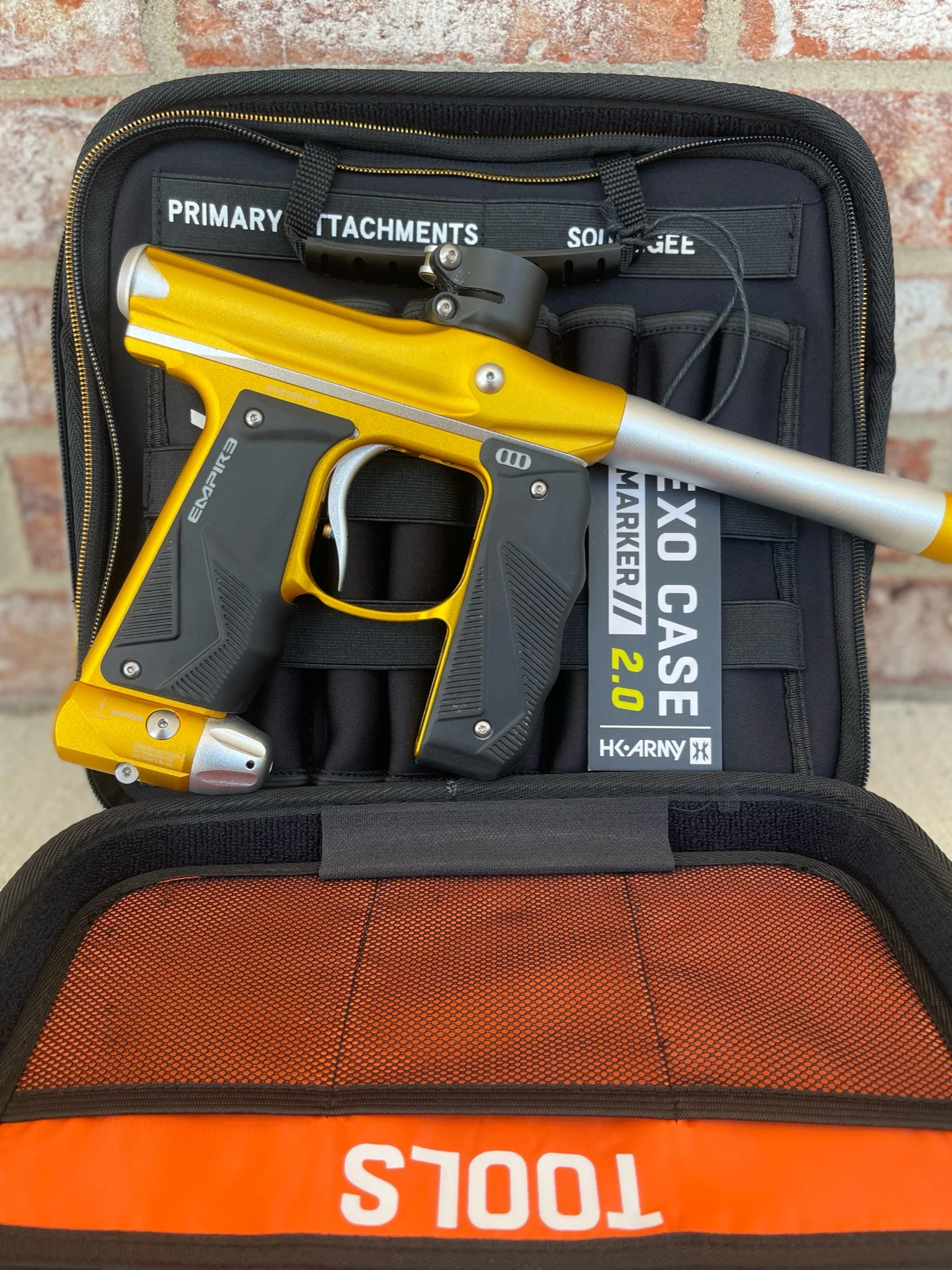 Used Empire Mini GS Paintball Gun w/ 2 Piece Barrel - Dust Gold / Silver w/ HK Army Exo 2.0 Marker Case - Image 5