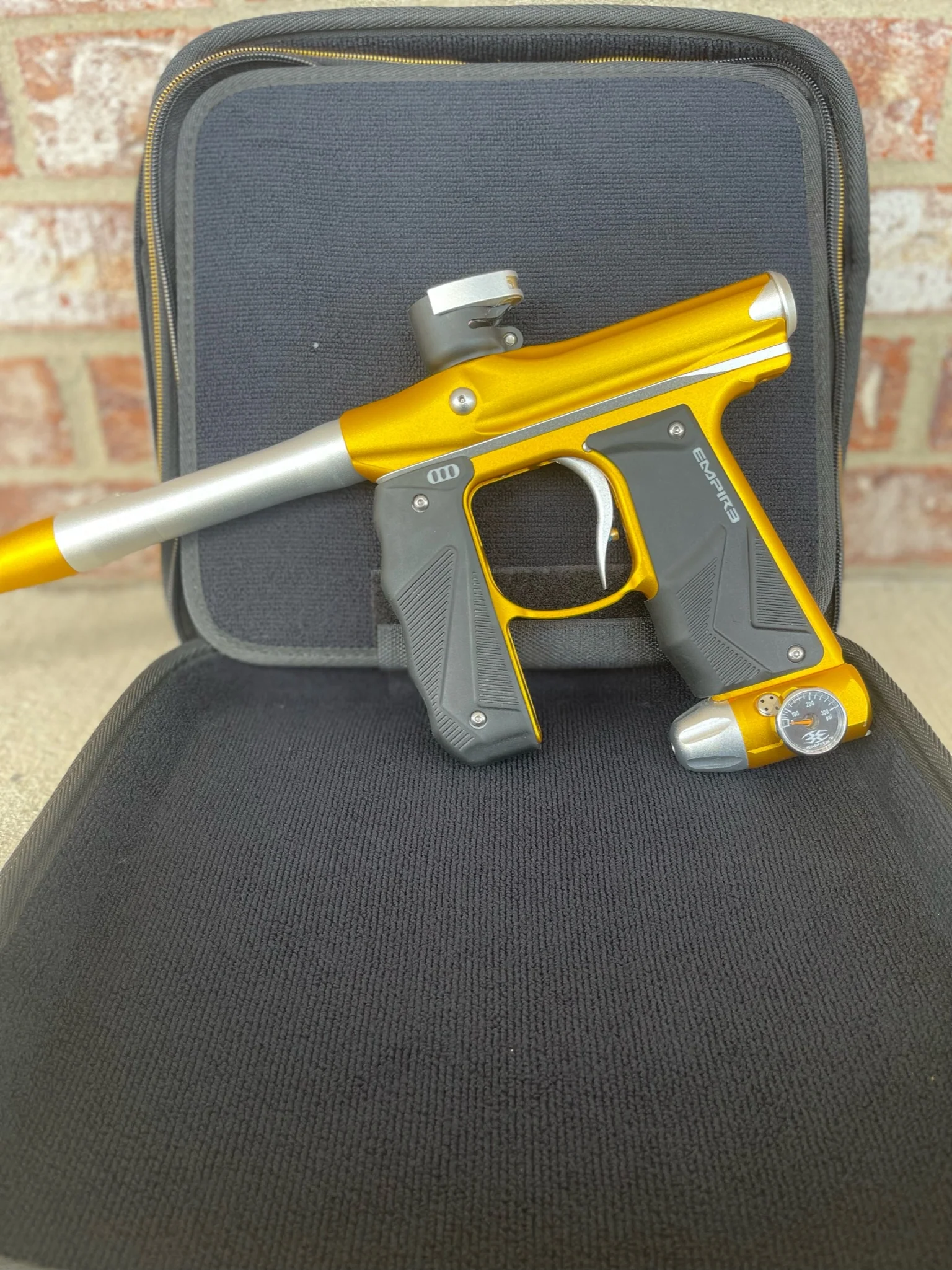 Used Empire Mini GS Paintball Gun w/ 2 Piece Barrel - Dust Gold / Silver w/ HK Army Exo 2.0 Marker Case - Image 6