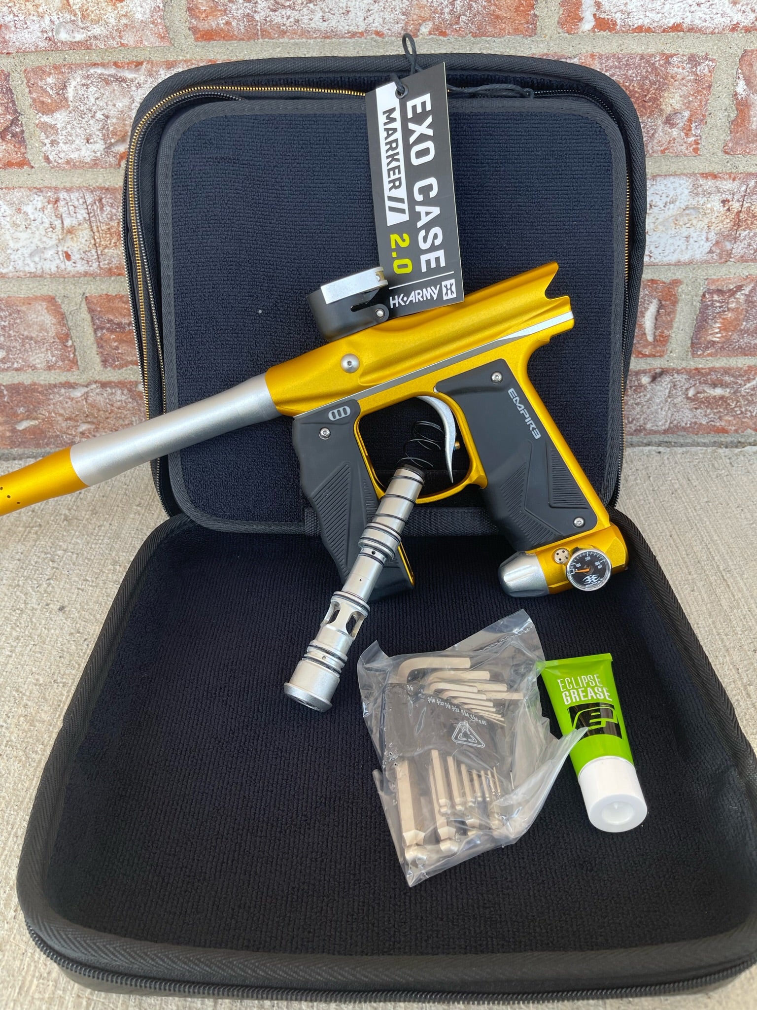 Used Empire Mini GS Paintball Gun w/ 2 Piece Barrel - Dust Gold / Silver w/ HK Army Exo 2.0 Marker Case - Image 7