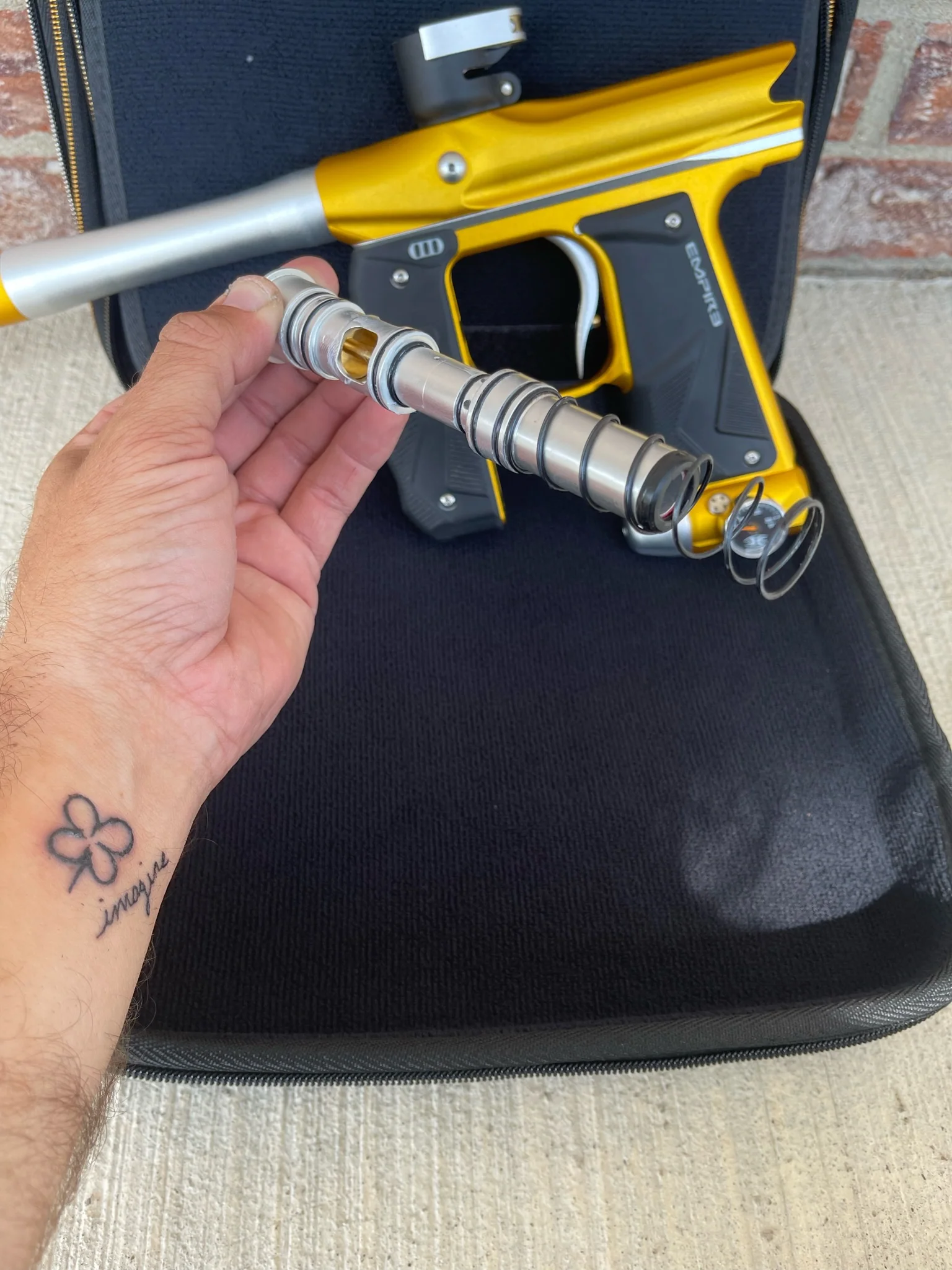 Used Empire Mini GS Paintball Gun w/ 2 Piece Barrel - Dust Gold / Silver w/ HK Army Exo 2.0 Marker Case - Image 9