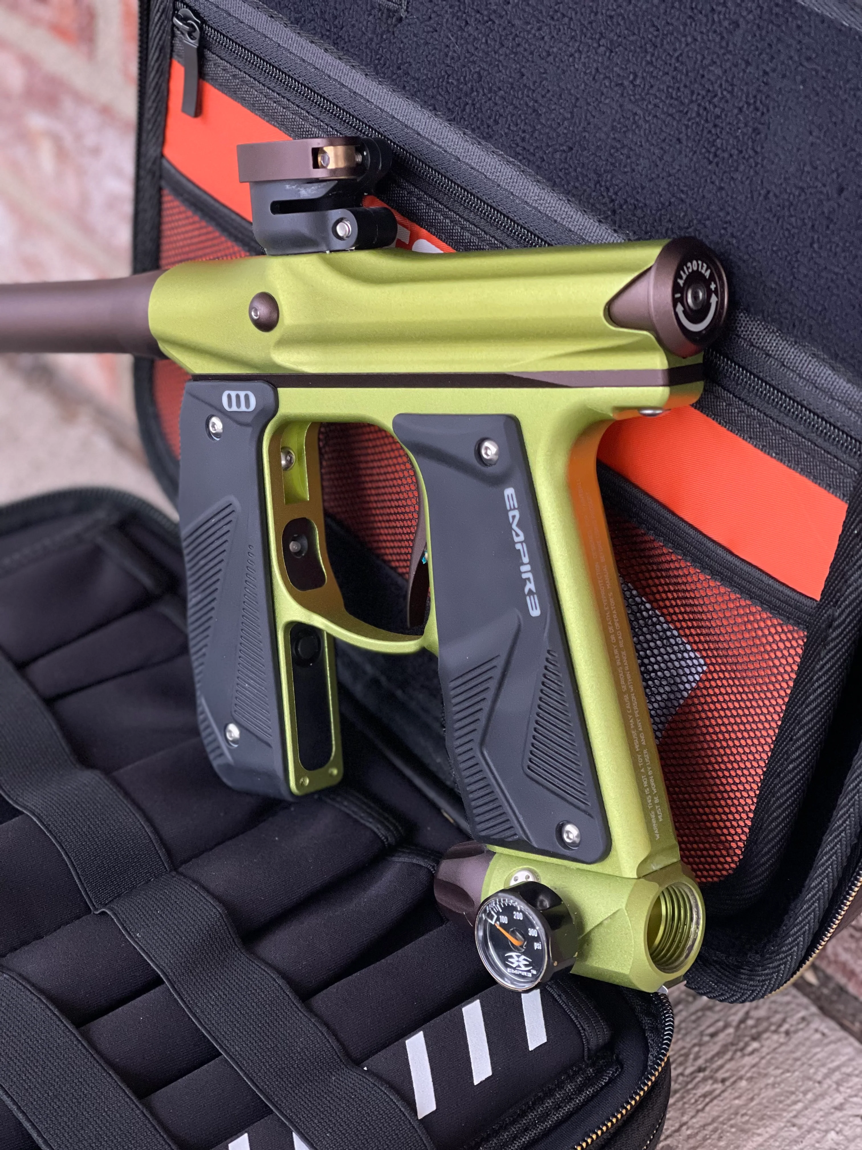 Used Empire Mini GS Paintball Gun - Green / Brown w/ 2-Piece Barrel and HK Exo Case - Image 2