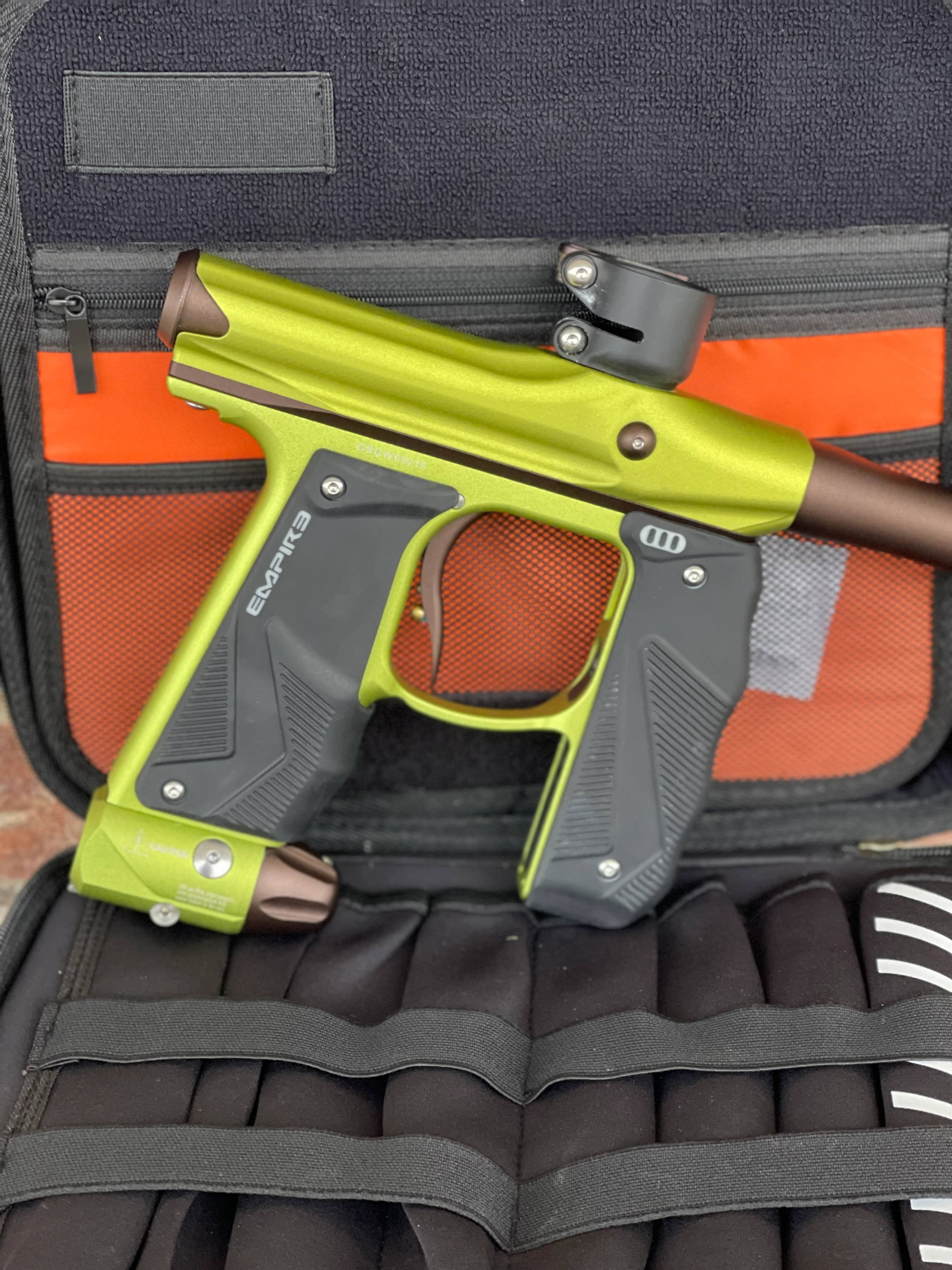 Used Empire Mini GS Paintball Gun - Green / Brown w/ 2-Piece Barrel and HK Exo Case - Image 5
