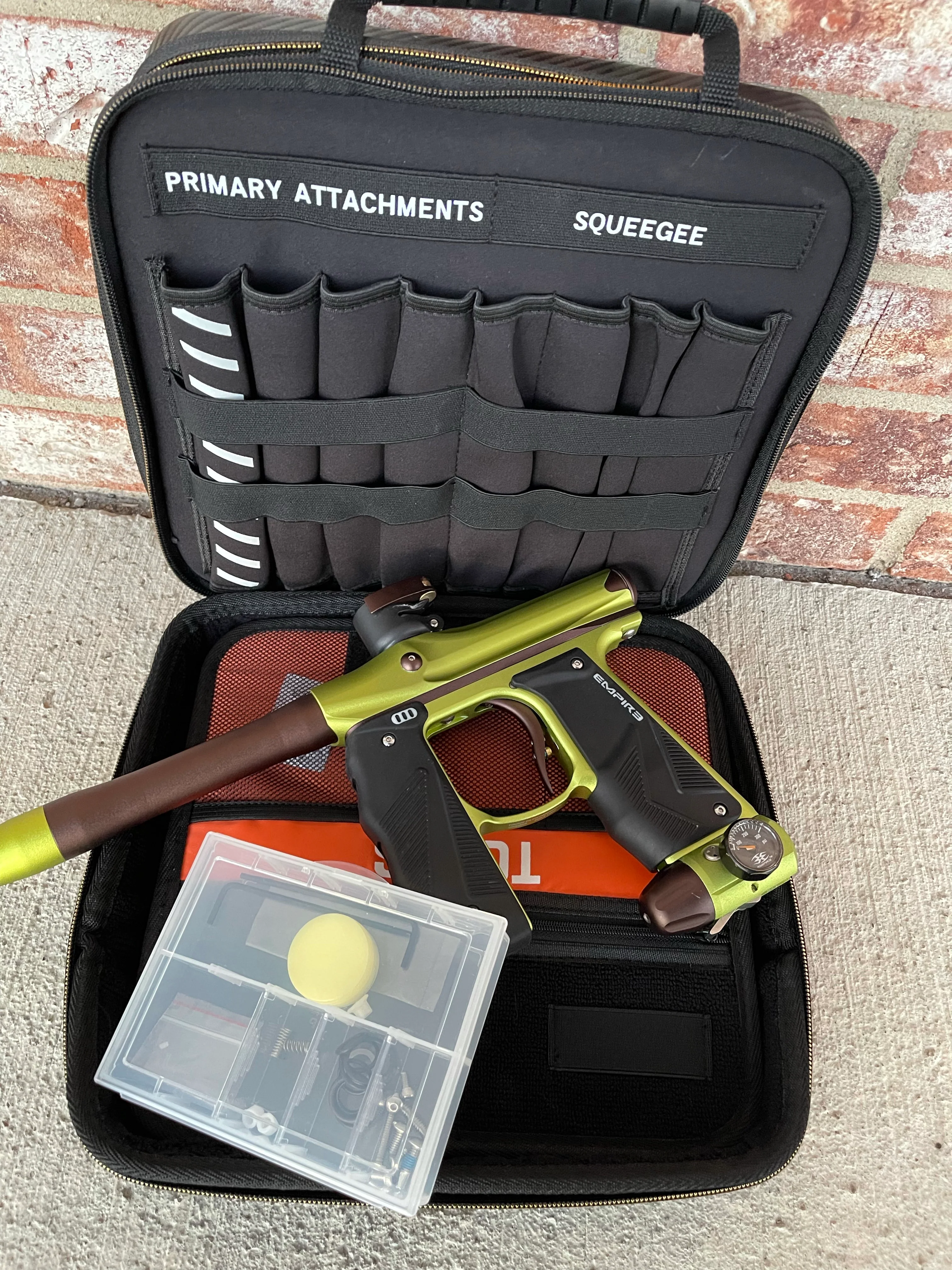 Used Empire Mini GS Paintball Gun - Green / Brown w/ 2-Piece Barrel and HK Exo Case - Image 7