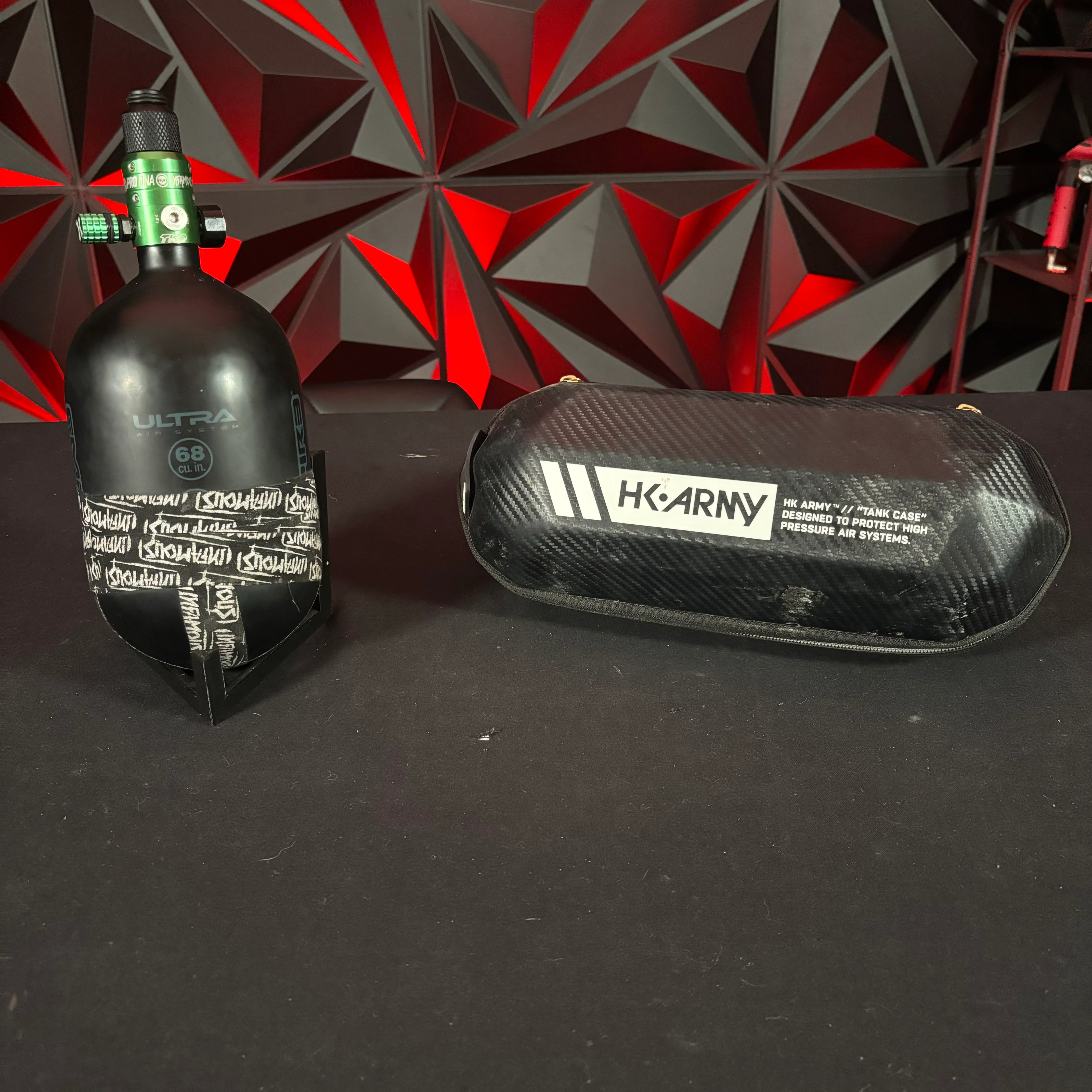 Used Empire Ultra 68/4500 Paintball Tank w/Infamous TKO Regulator, HK Army Fill Nipple, HK Army Tank Case & Infamous Thread Protector