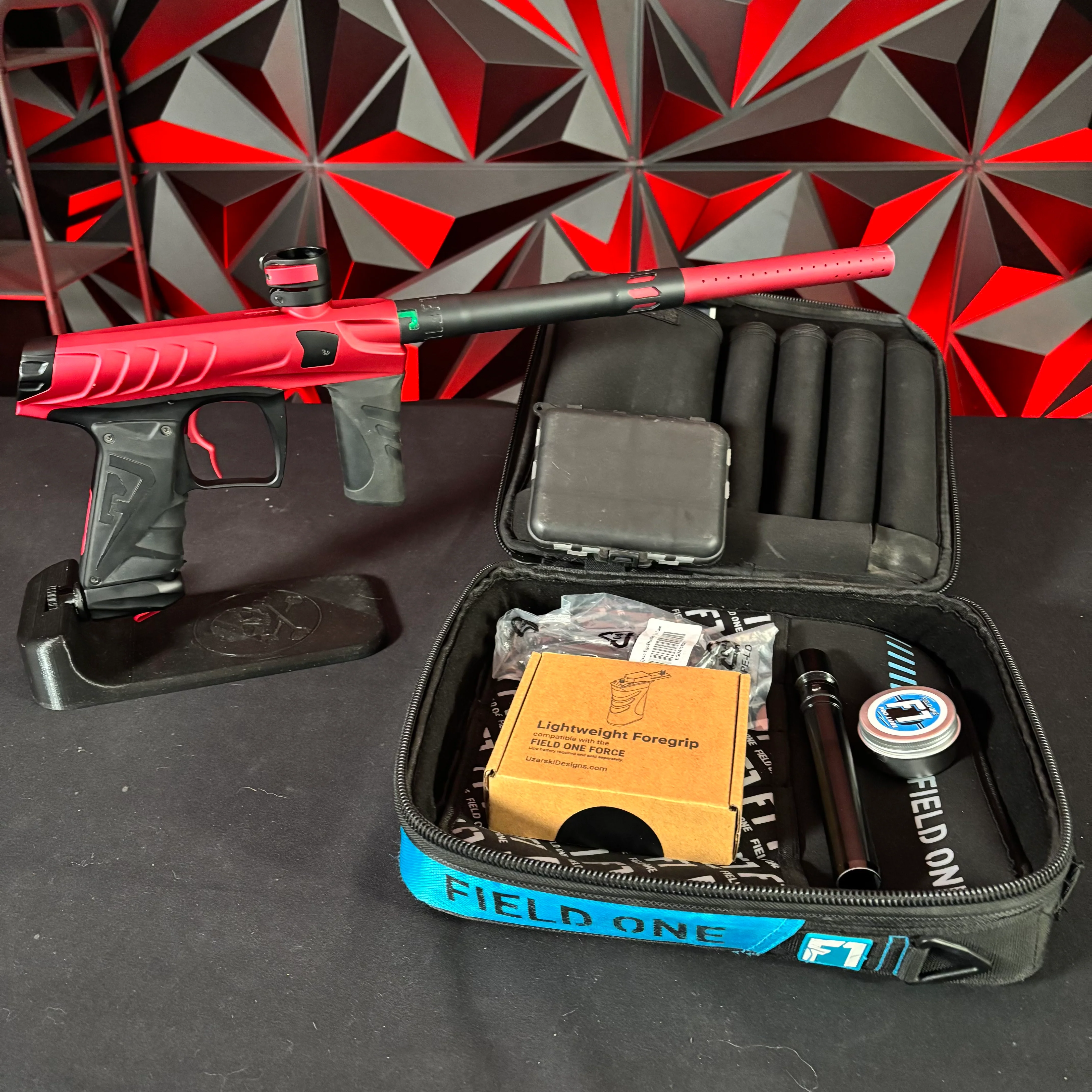 Used Field One Force Paintball Gun - Dust Red/Black w/V2 Upgrades *Except V2 Pillow Tip*, Uzaraski Grip, Stock Grip, Deuce Trigger, S Trigger, & 2 Lipo Batteries