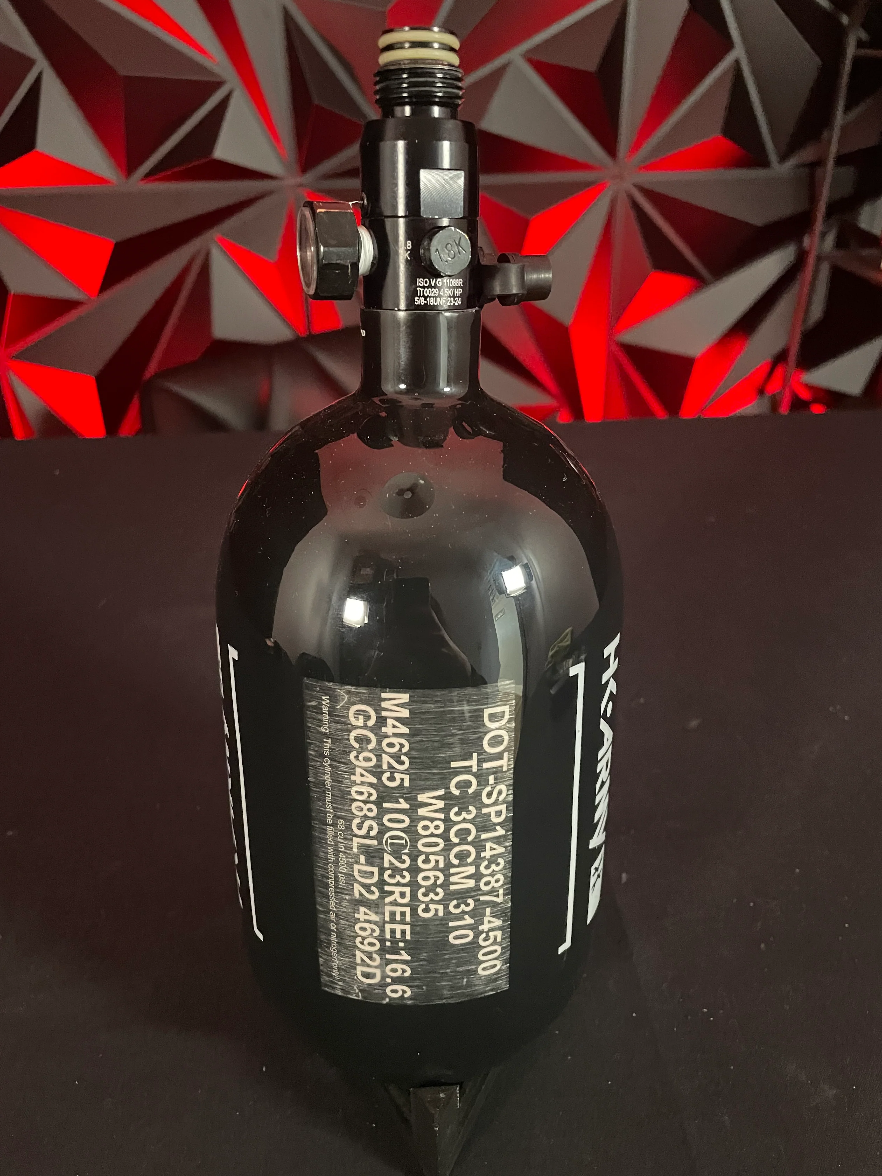 Used HK Army "Extra Lite" 68/4500 Paintball Tank - Black/White w/Standard Regulator & Rubber Fill Nipple Cover - Image 2