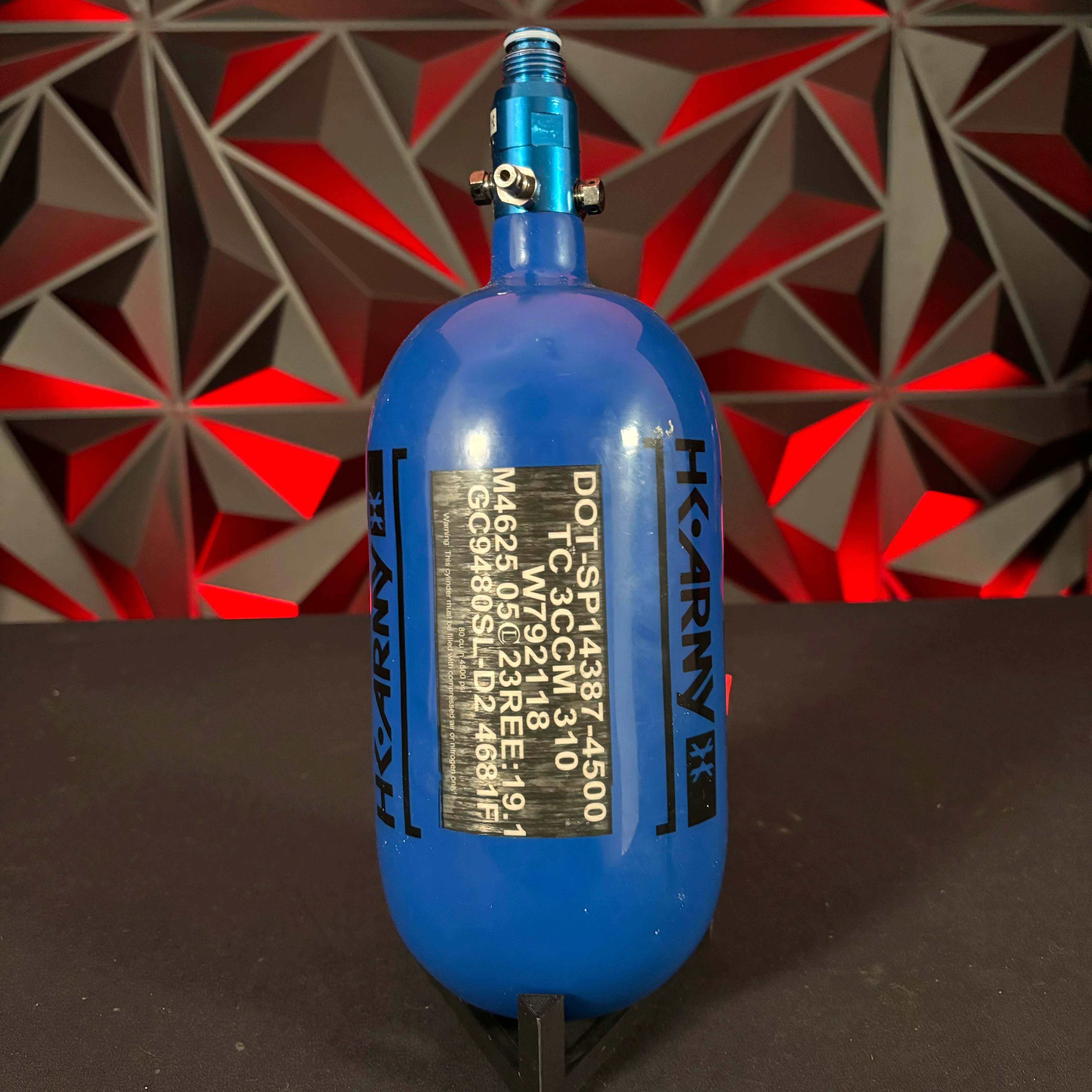 Used HK Army "Extra Lite" 80/4500 Paintball Tank - Blue/Black w/Blue Standard HK Regulator - Image 2