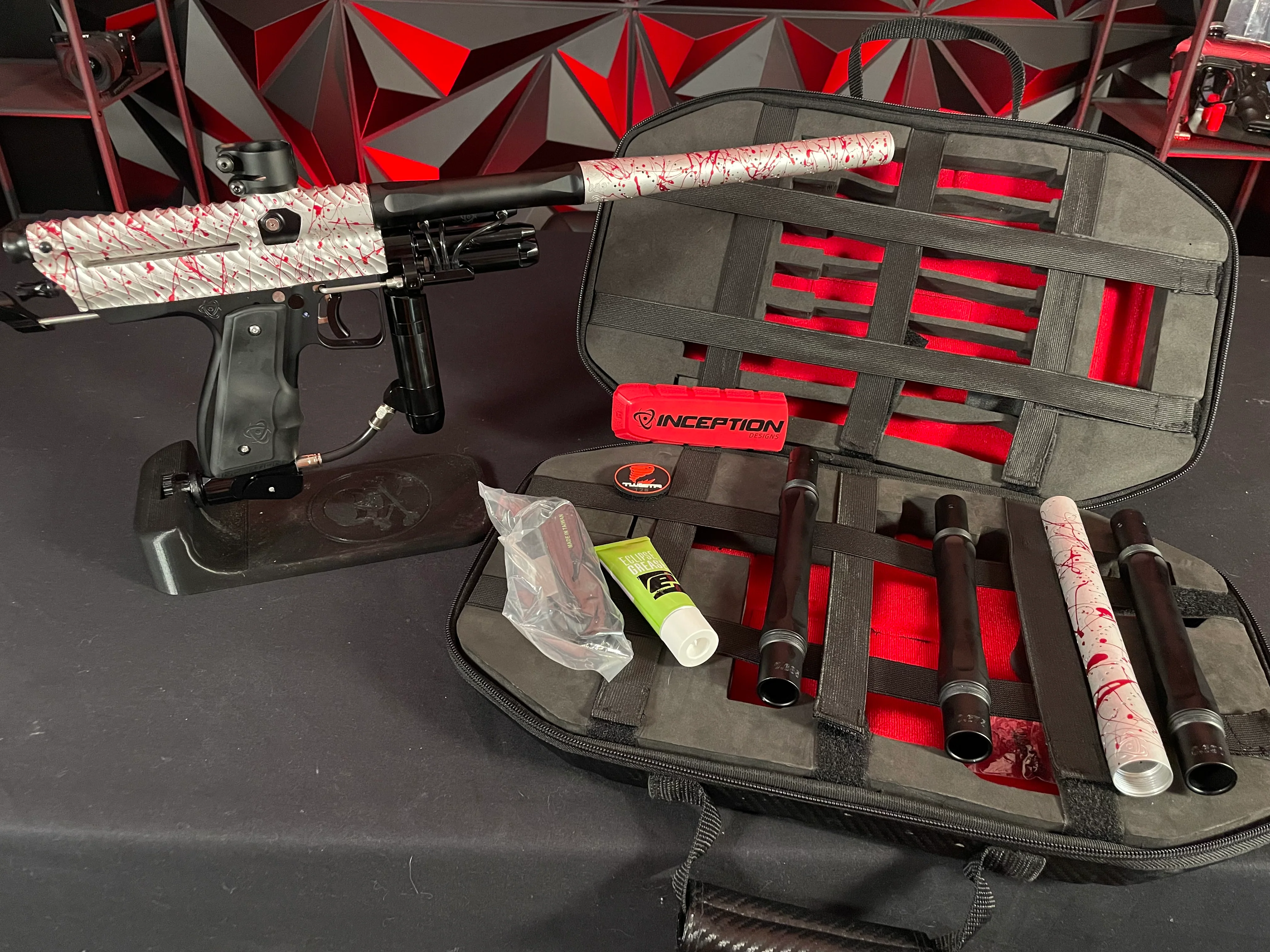 Used Inception Designs Twister Autococker Paintball Gun - Red Splash #128 w/4 Backs & 2 Tips - Image 7