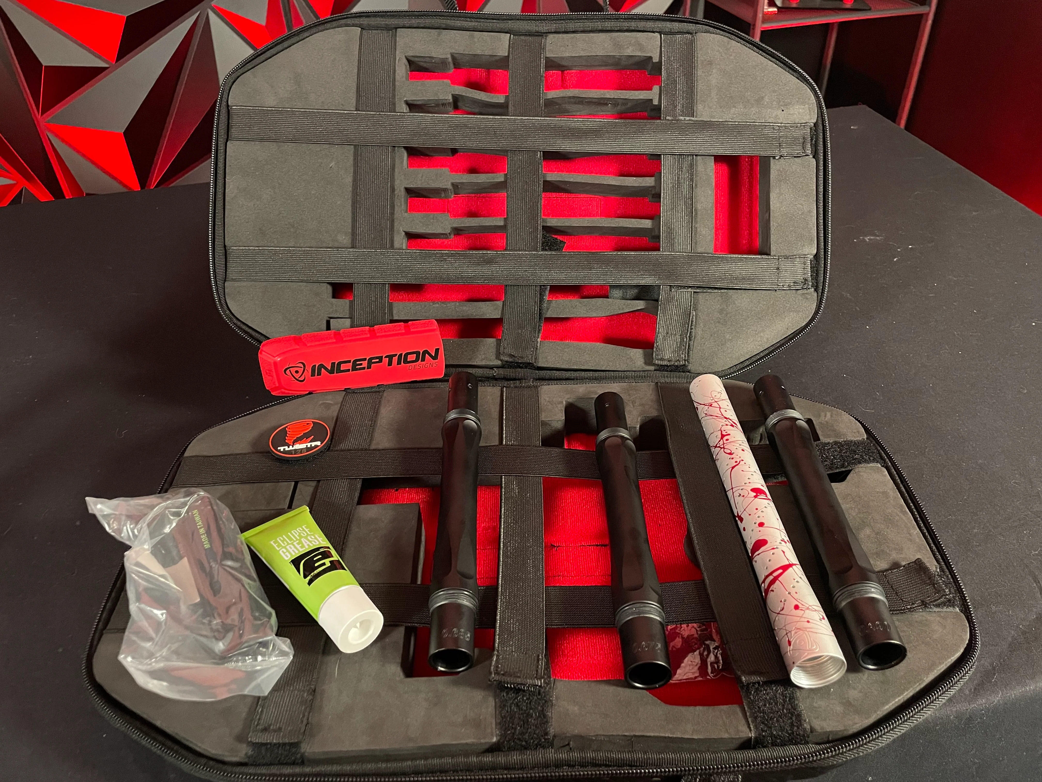 Used Inception Designs Twister Autococker Paintball Gun - Red Splash #128 w/4 Backs & 2 Tips - Image 8