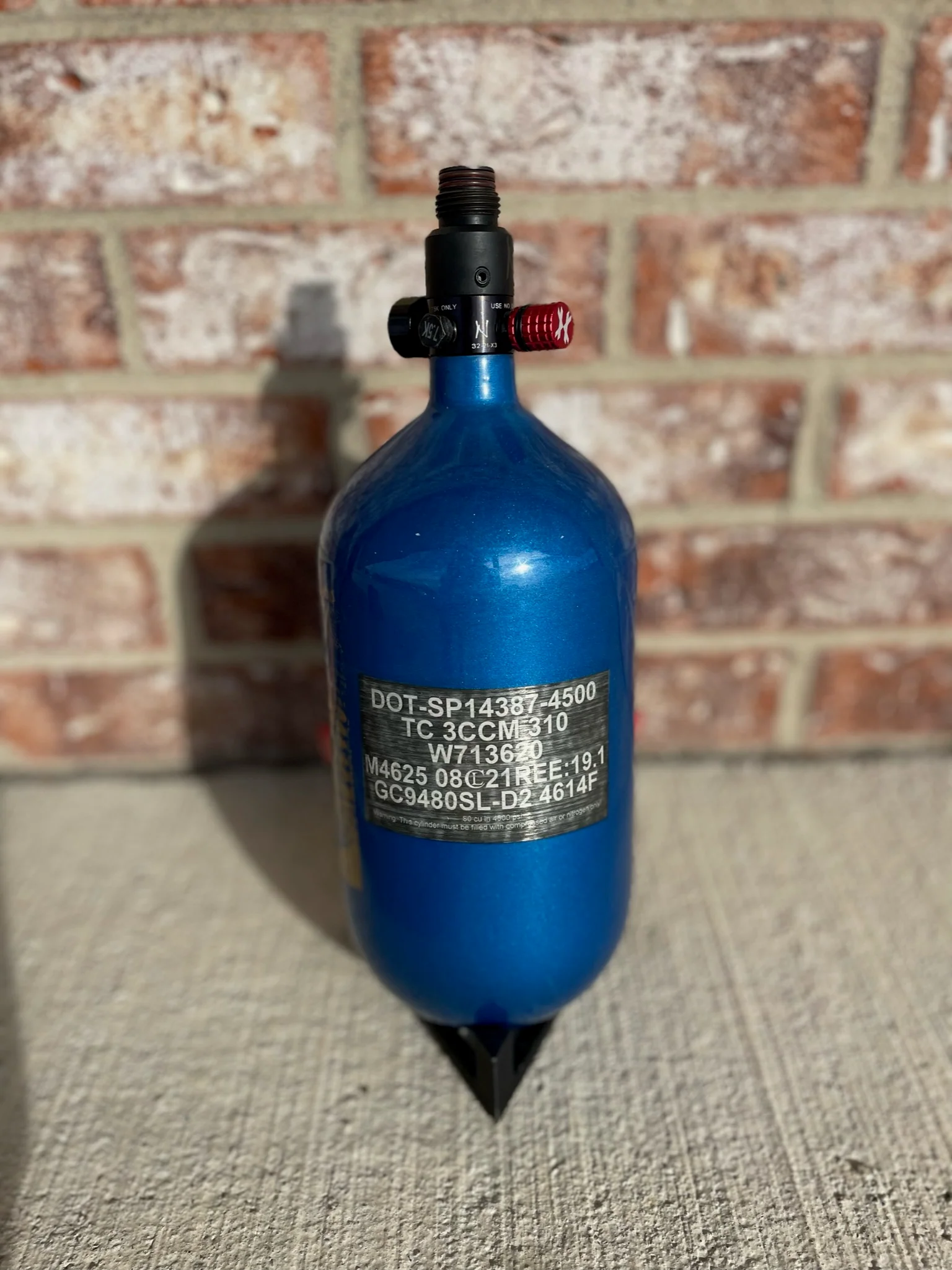 Used Infamous 80/4500 Skeleton Air Paintball Tank - Blue / Gold w/ Ninja Standard Regulator and Fill Nipple Cover - Image 2