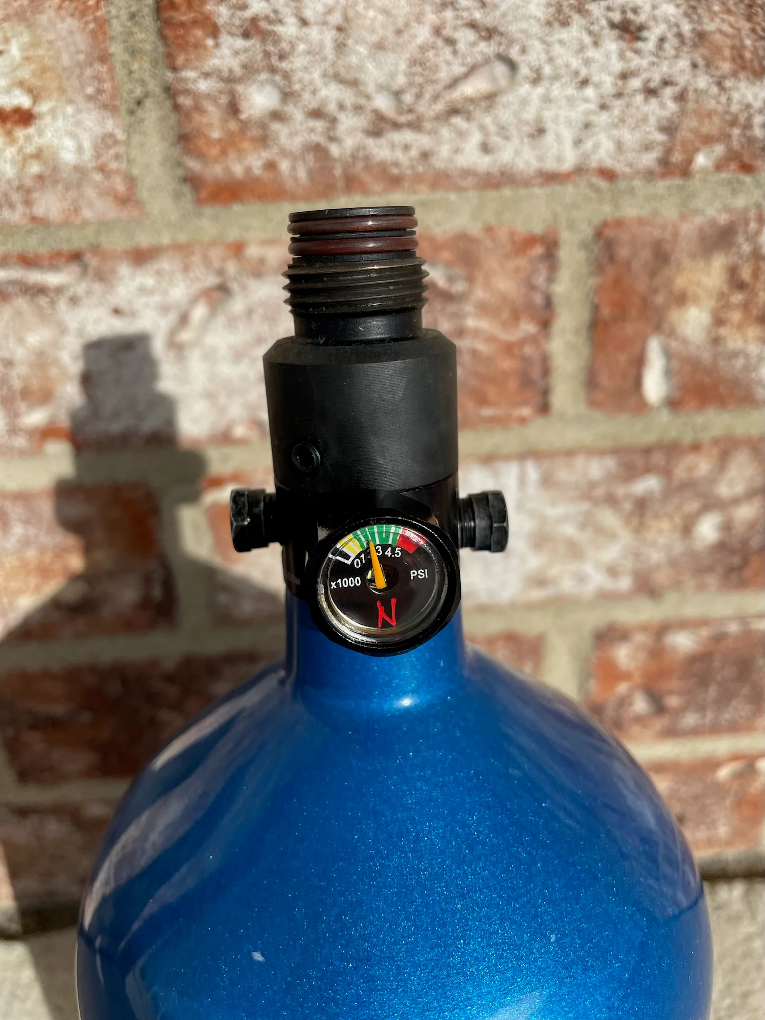 Used Infamous 80/4500 Skeleton Air Paintball Tank - Blue / Gold w/ Ninja Standard Regulator and Fill Nipple Cover - Image 3