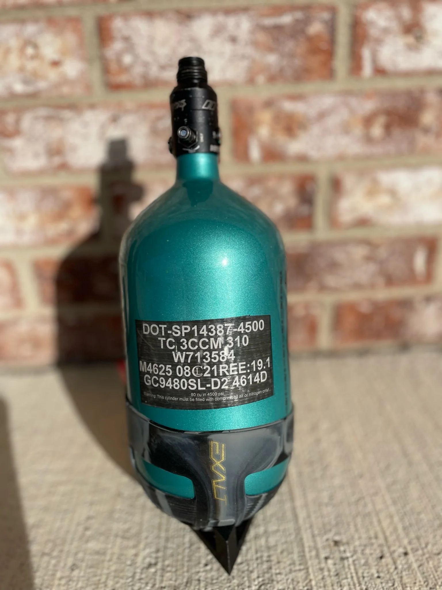Used Infamous 80/4500 Skeleton Air Paintball Tank - Teal / Black w/ Infamous Powerhouse Regulator and Exalt Tank Cover - Image 2