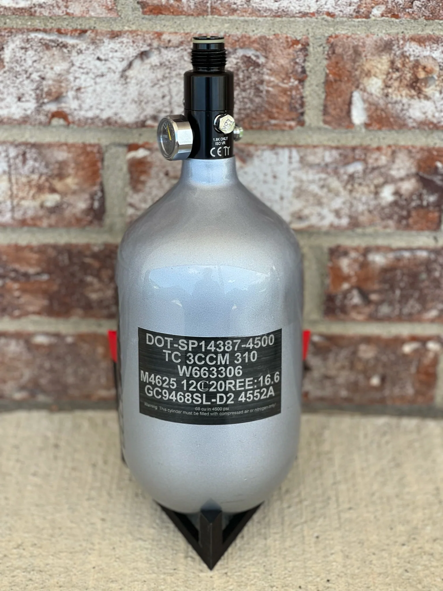 Used Infamous Air Tank 68/4500 Paintball Tank - Air Pattern - w/ Standard Reg - Silver/Black - Image 2