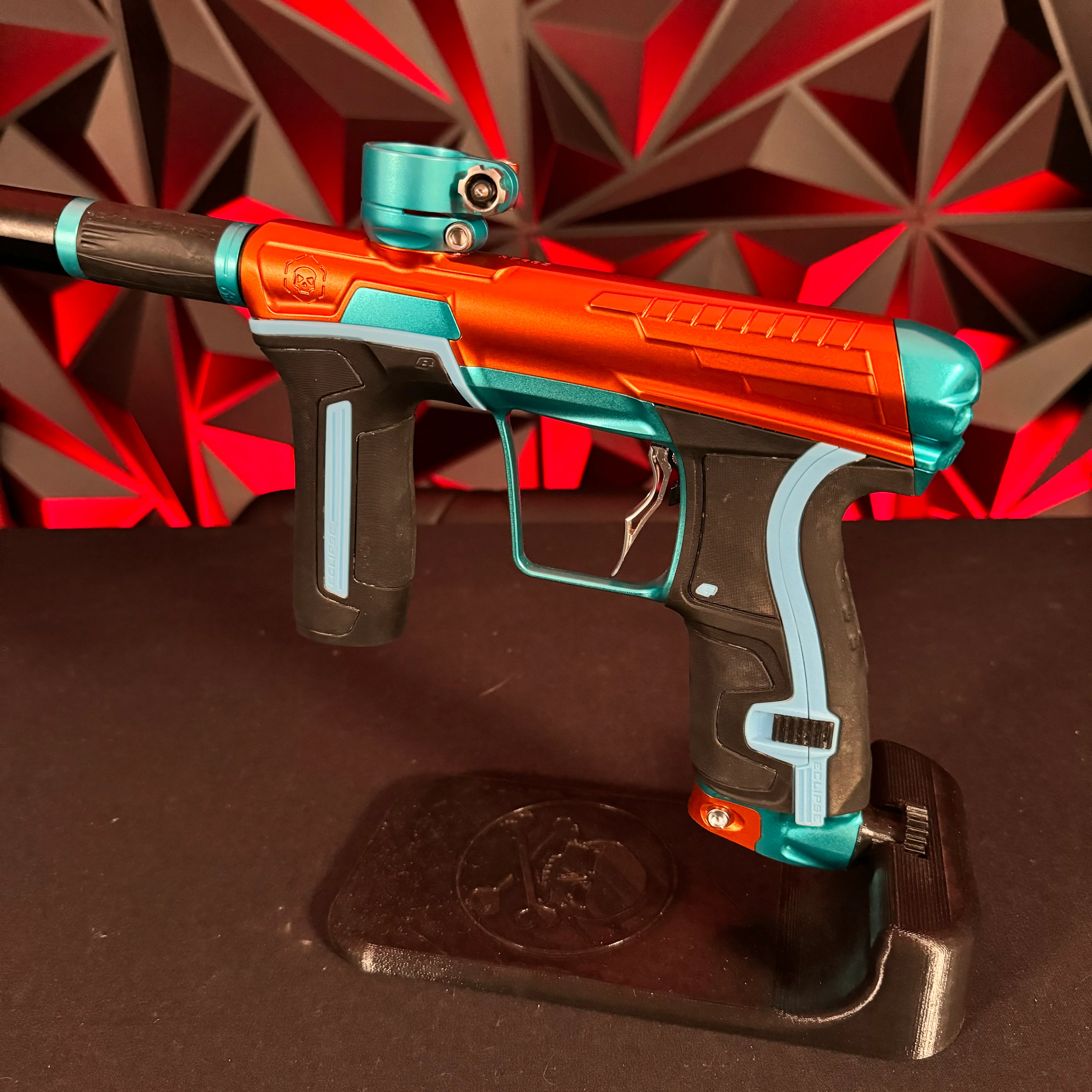 Used Infamous/Planet Eclipse CS2 Paintball Gun - Orange/Teal w/ 3 FL Backs & Infamous Deuce Trigger - Image 3