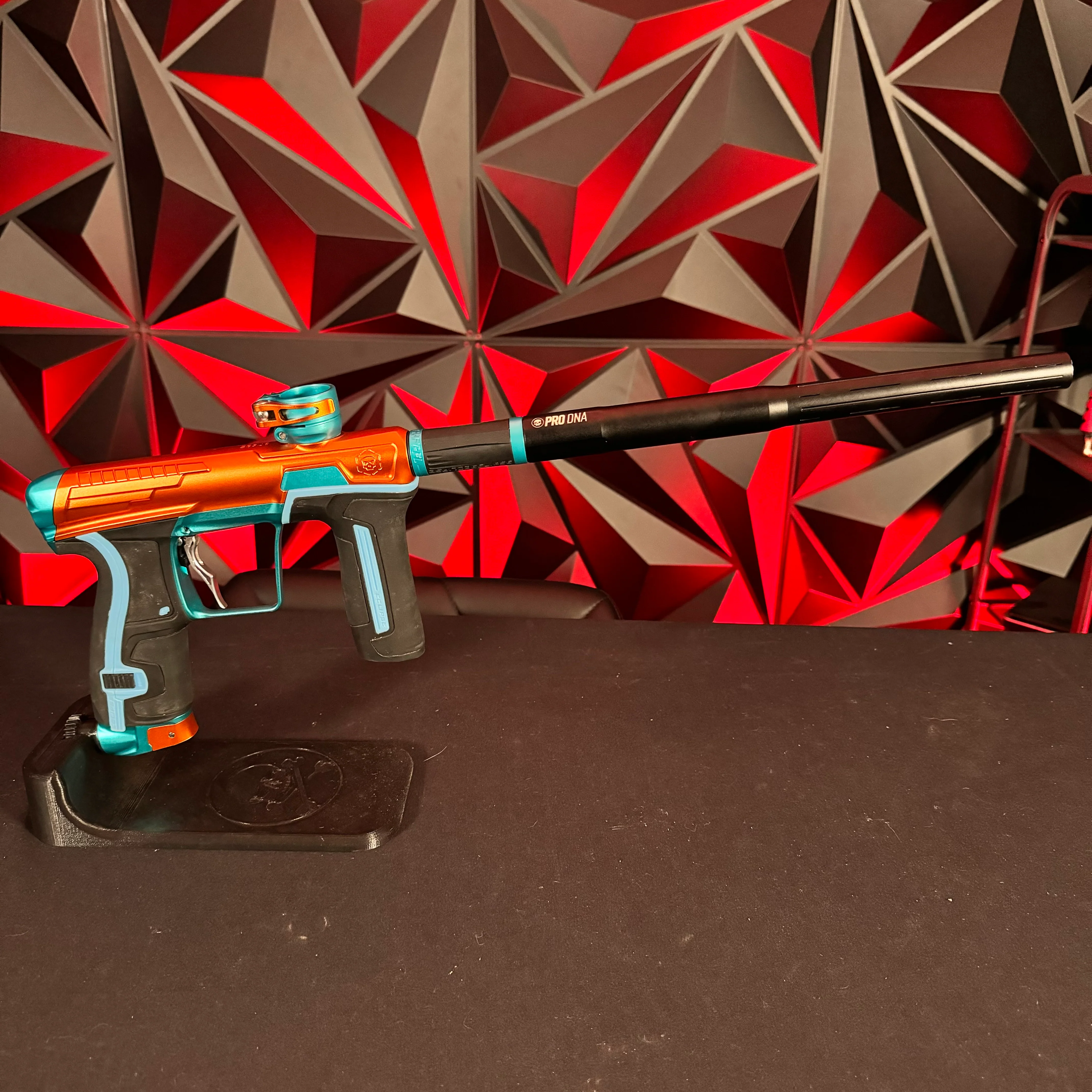 Used Infamous/Planet Eclipse CS2 Paintball Gun - Orange/Teal w/ 3 FL Backs & Infamous Deuce Trigger - Image 6
