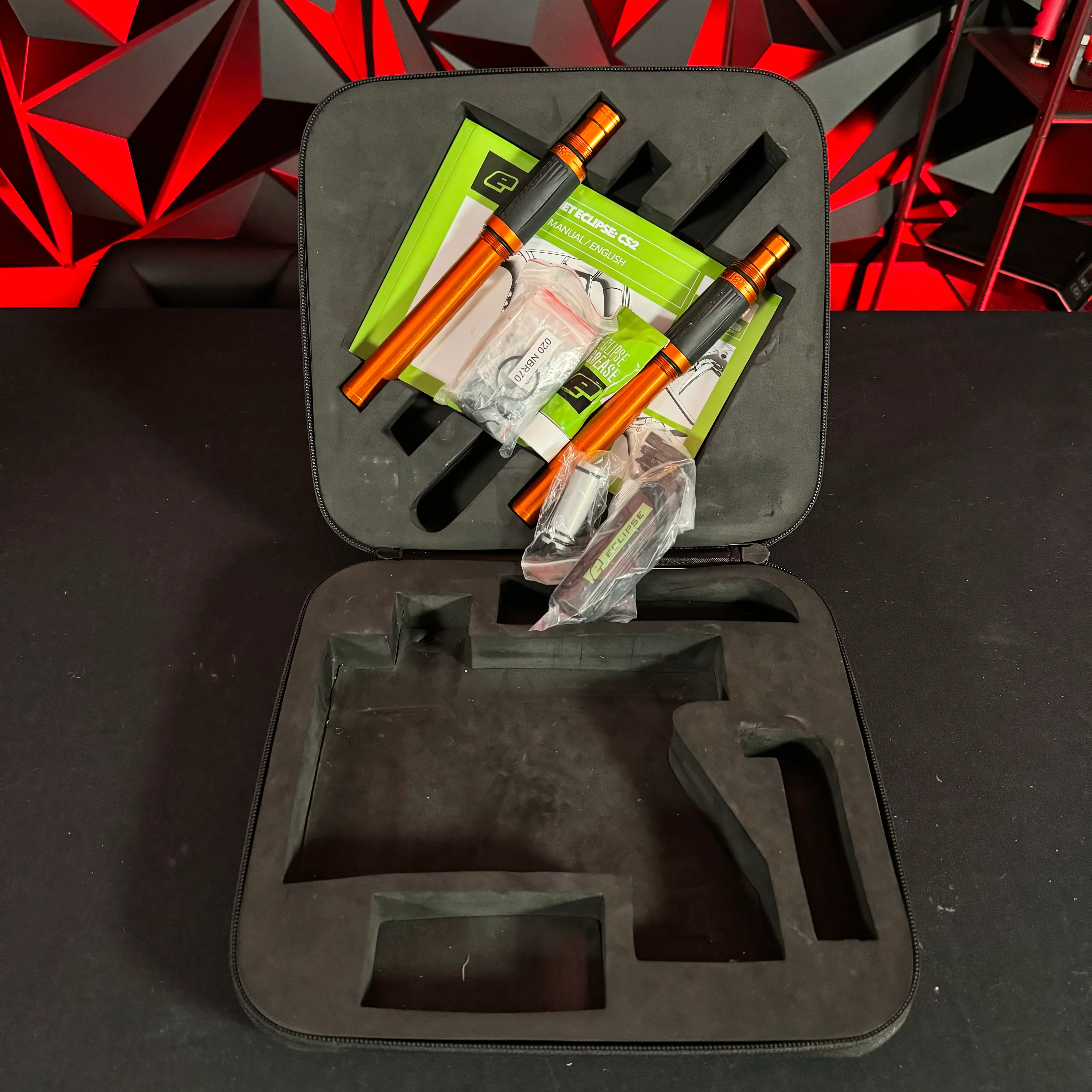 Used Infamous/Planet Eclipse CS2 Paintball Gun - Orange/Teal w/ 3 FL Backs & Infamous Deuce Trigger - Image 8