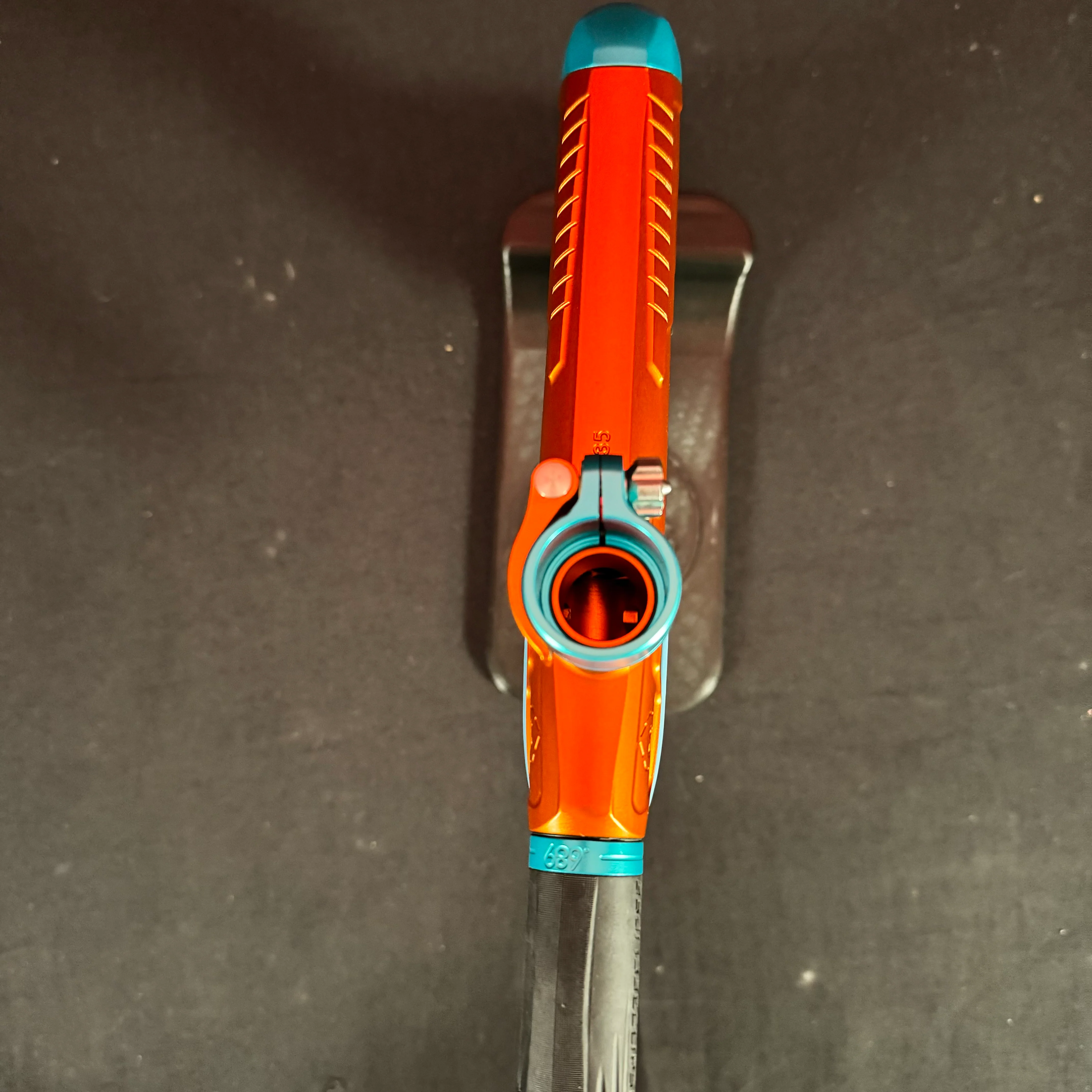 Used Infamous/Planet Eclipse CS2 Paintball Gun - Orange/Teal w/ 3 FL Backs & Infamous Deuce Trigger - Image 9