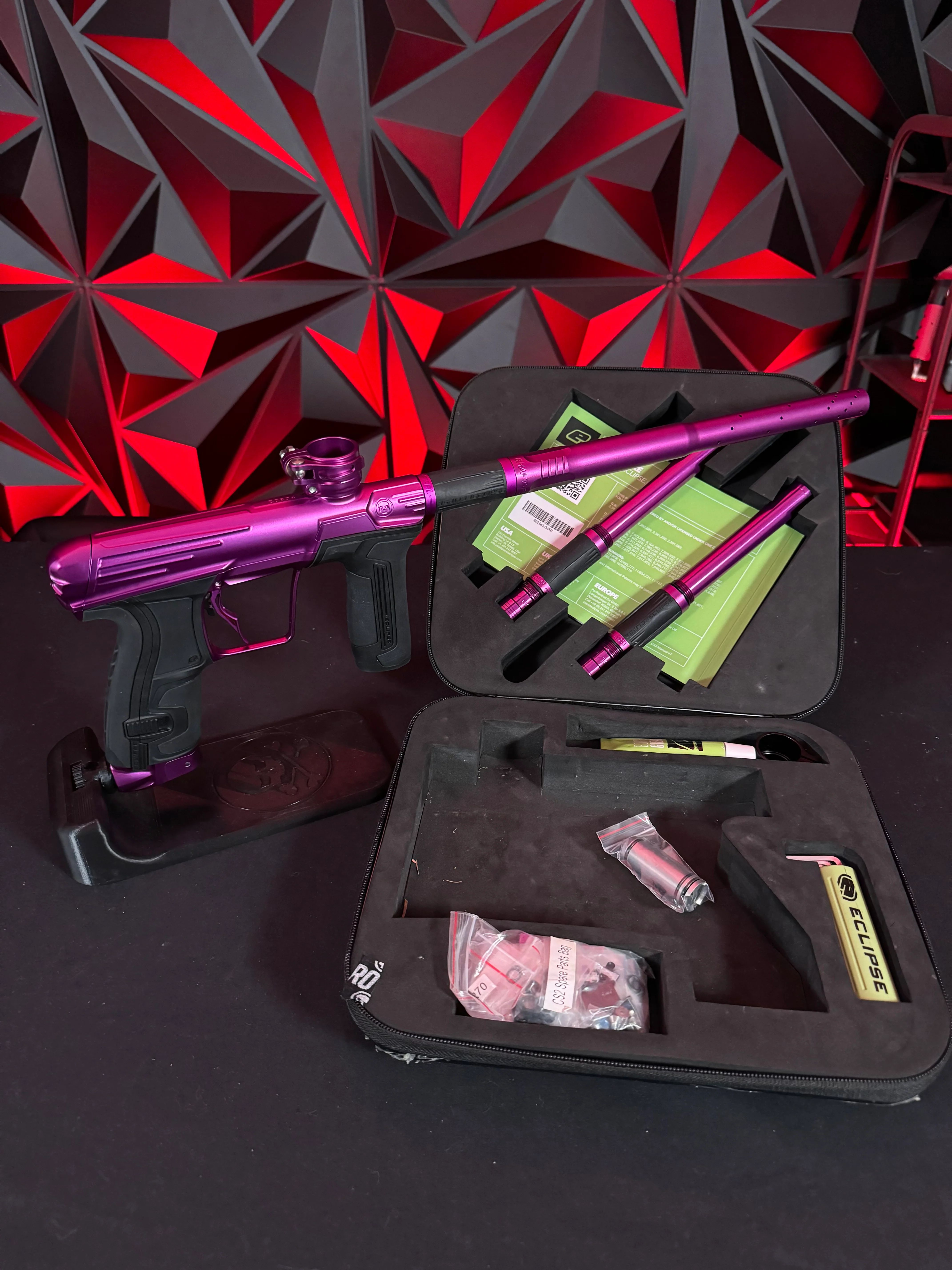 Used Infamous/Planet Eclipse CS2 Paintball Gun - Purple w/Infamous Deuce Trigger and 3 FL Backs - Image 7