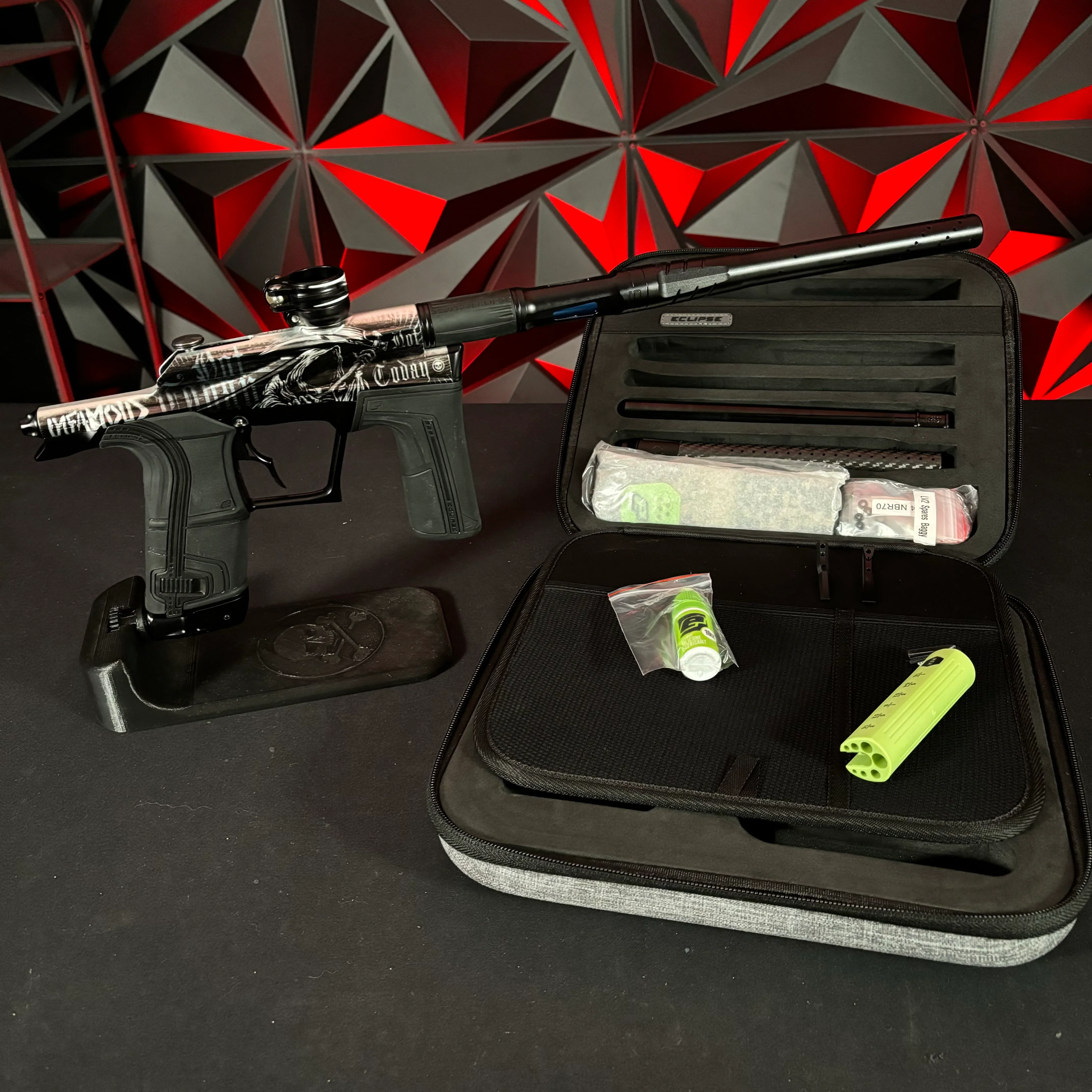 Used Infamous/Planet Eclipse LV2 Paintball Gun - Black/Grey Reaper w/Infamous Deuce Trigger & 2 PWR Inserts