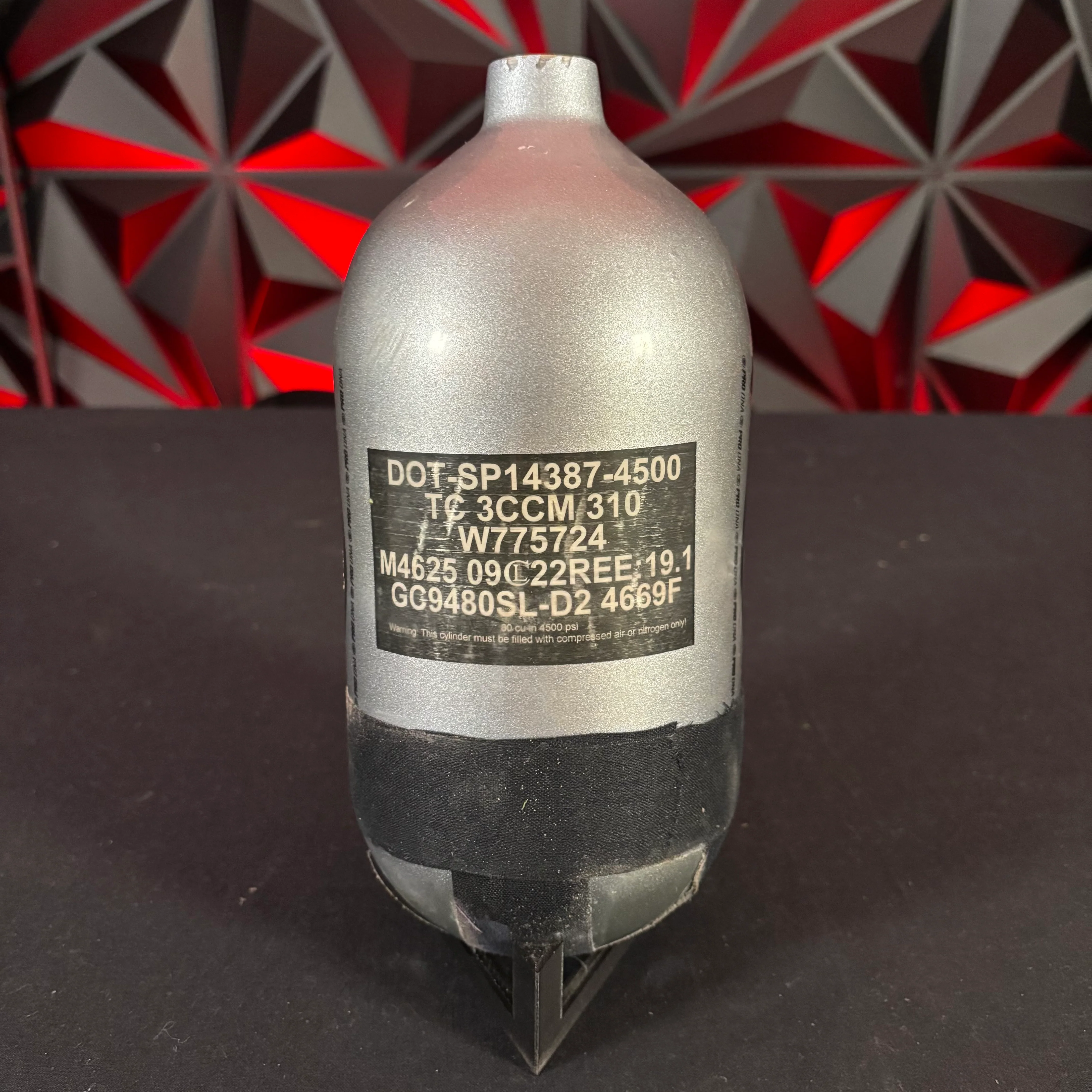 Used Infamous "Skeleton Air" Hyperlight 80/4500 Paintball Tank - Silver/Black - Image 2