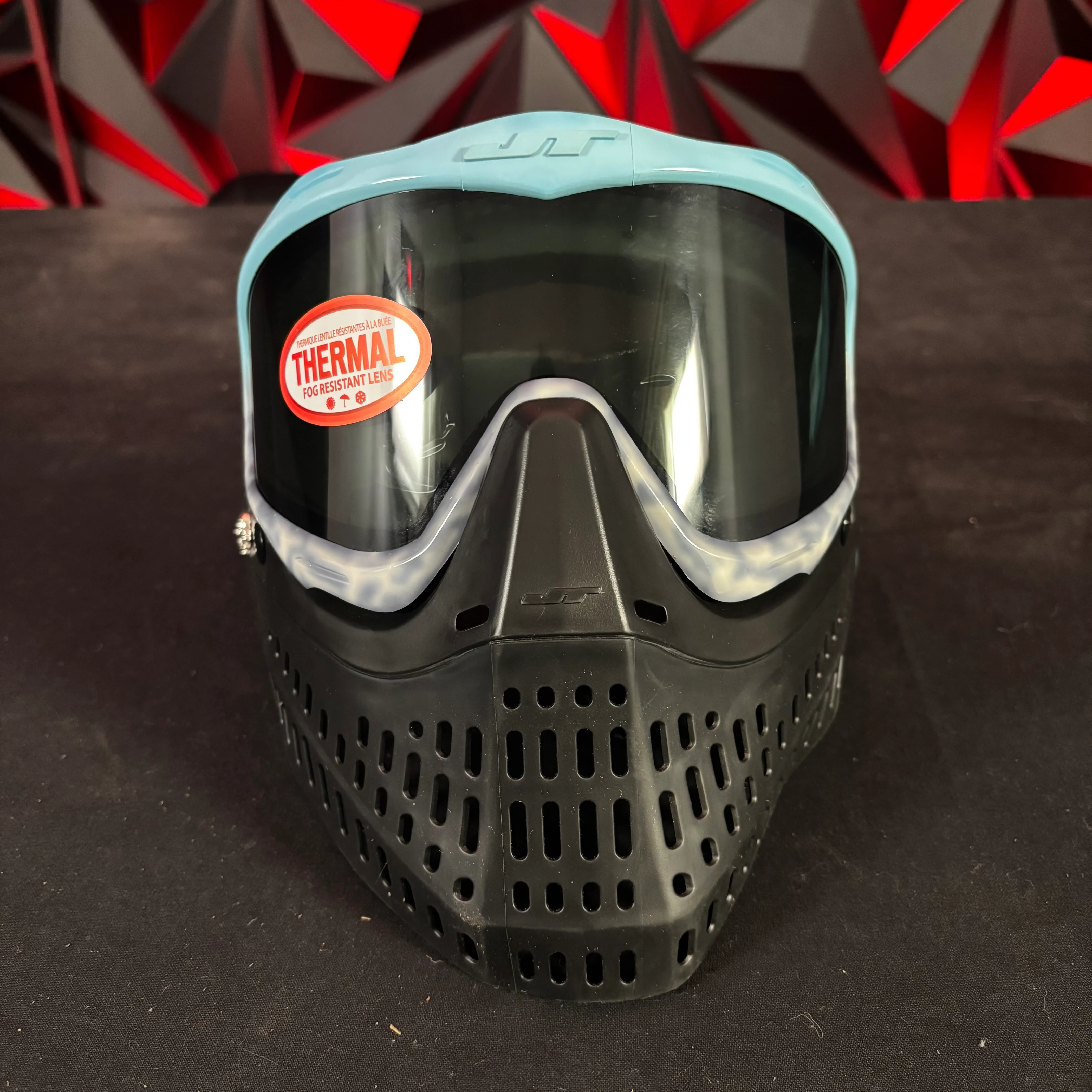 Used JT Proflex Paintball Mask - Custom #10 Baby Blue to Grey tie dye Frame /w Black Bottoms and Blue ears *Custom* - Image 2