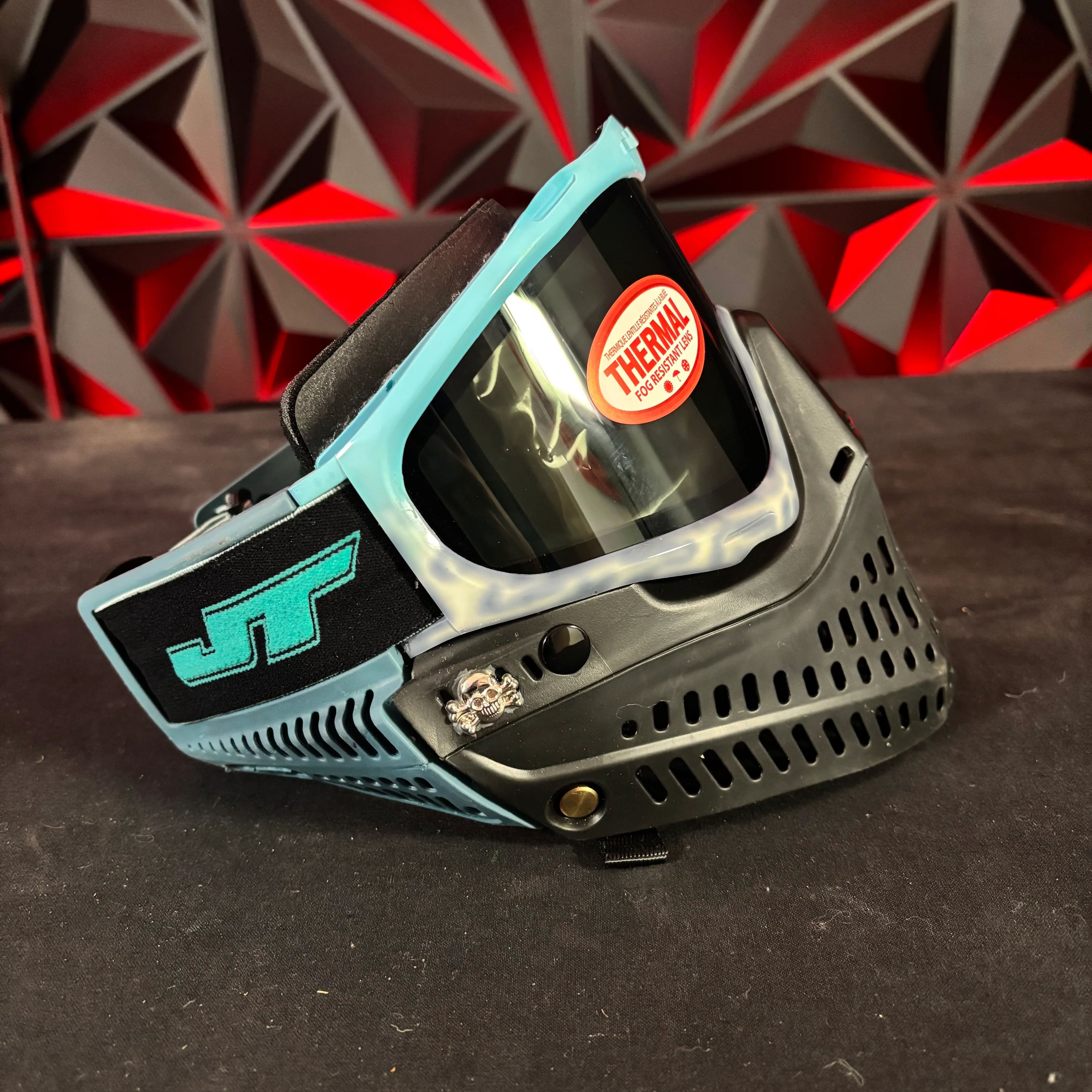 Used JT Proflex Paintball Mask - Custom #10 Baby Blue to Grey tie dye Frame /w Black Bottoms and Blue ears *Custom* - Image 3