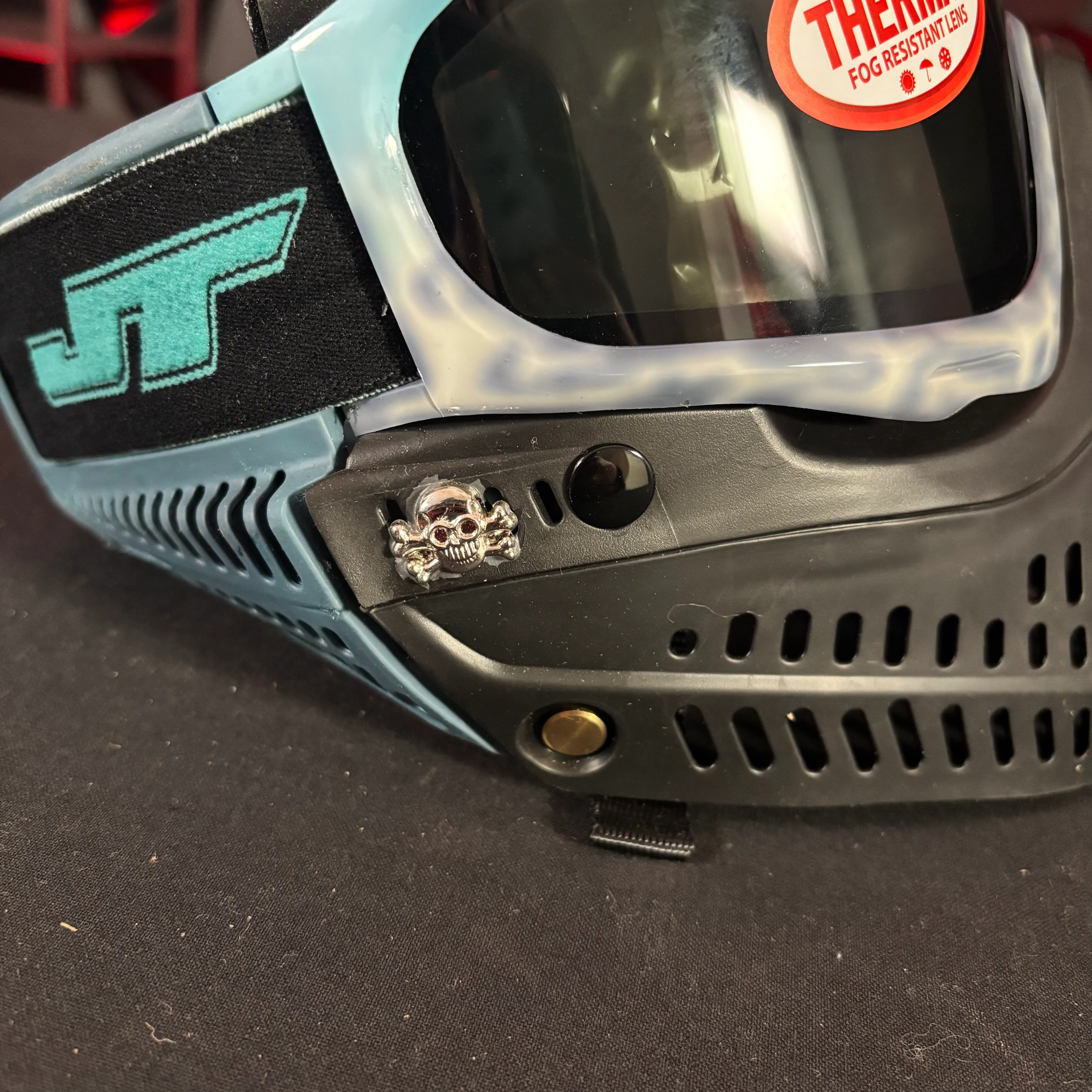 Used JT Proflex Paintball Mask - Custom #10 Baby Blue to Grey tie dye Frame /w Black Bottoms and Blue ears *Custom* - Image 4