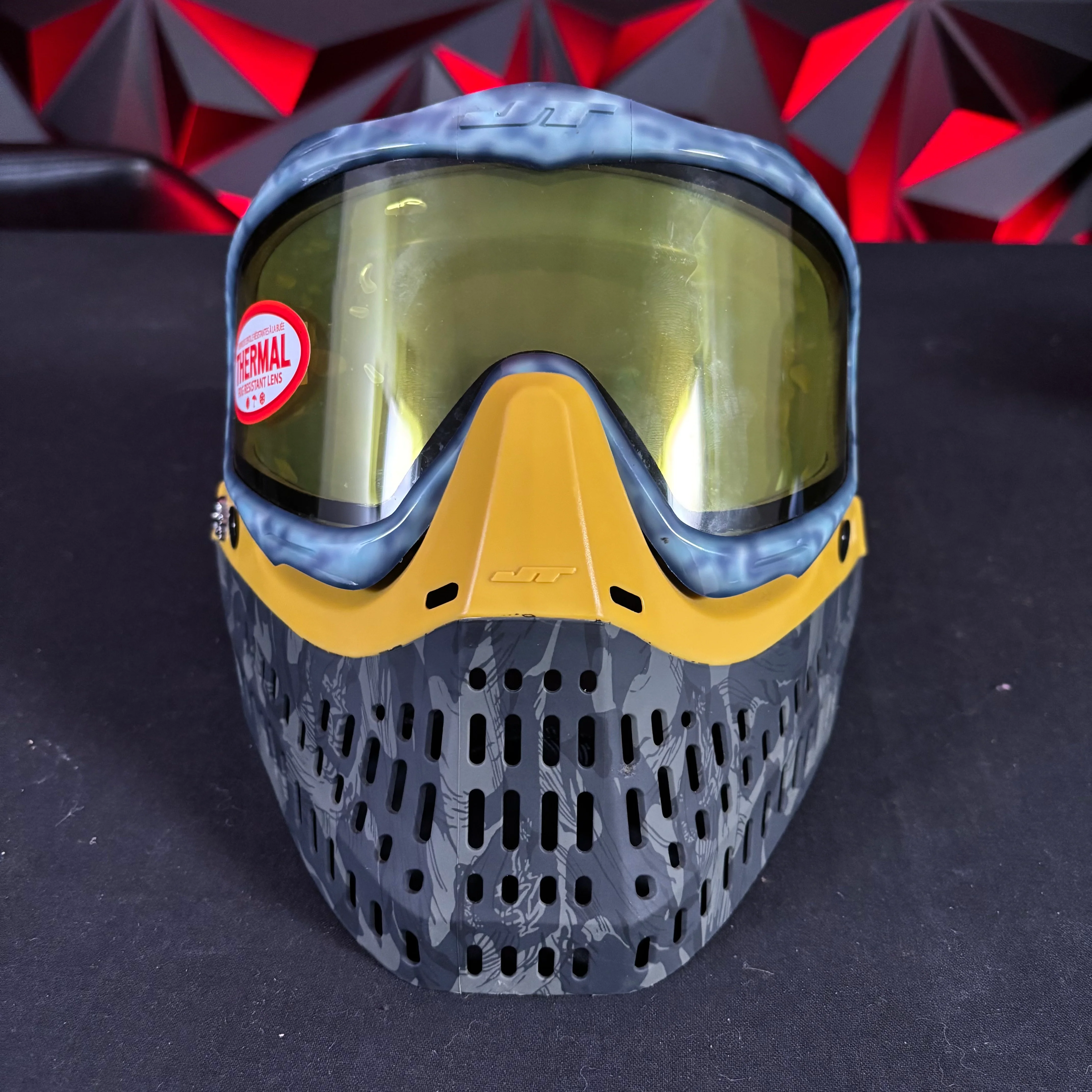Used JT Proflex Paintball Mask - Custom #22 Light blue tie dye Frame /w Tiger stripe to yellow Bottoms and Grey ears *Custom* - Image 2