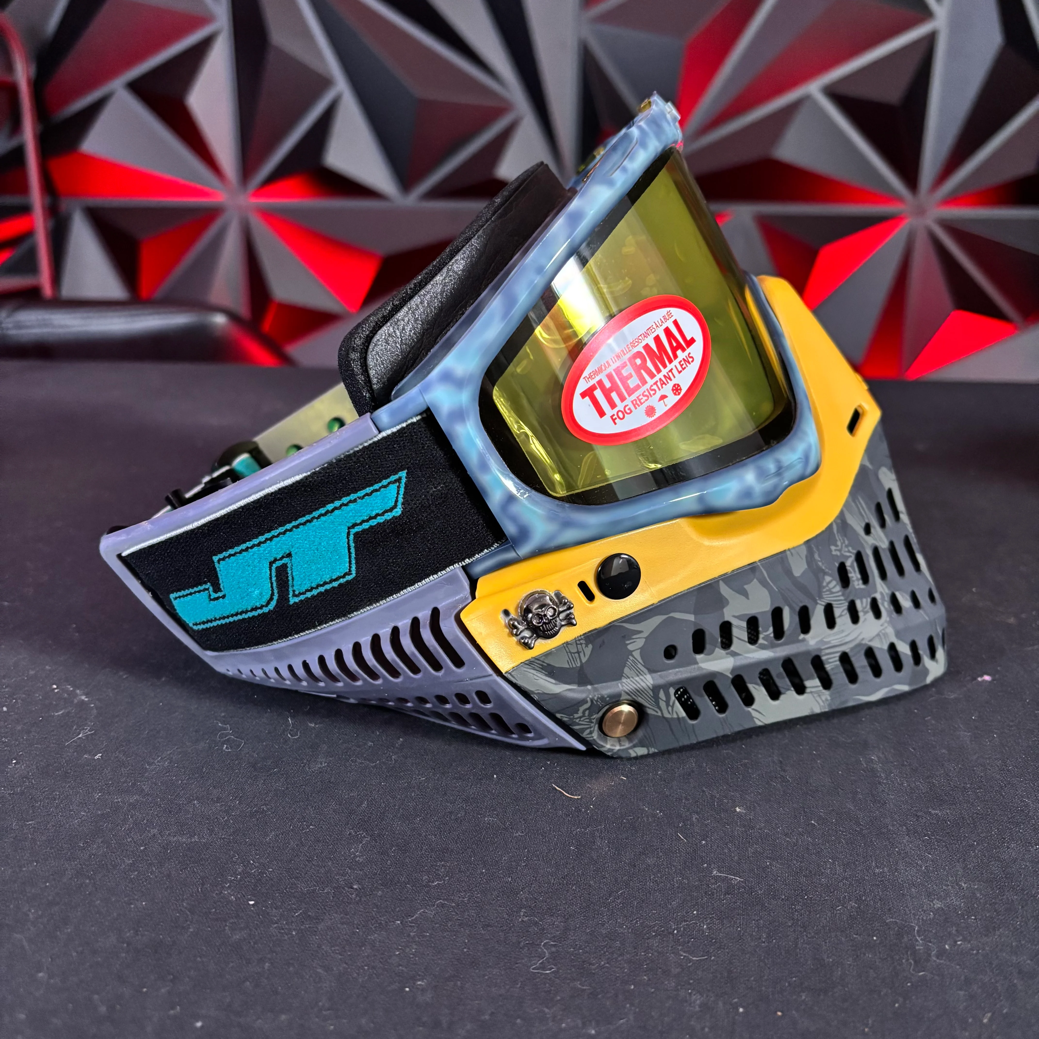Used JT Proflex Paintball Mask - Custom #22 Light blue tie dye Frame /w Tiger stripe to yellow Bottoms and Grey ears *Custom* - Image 3