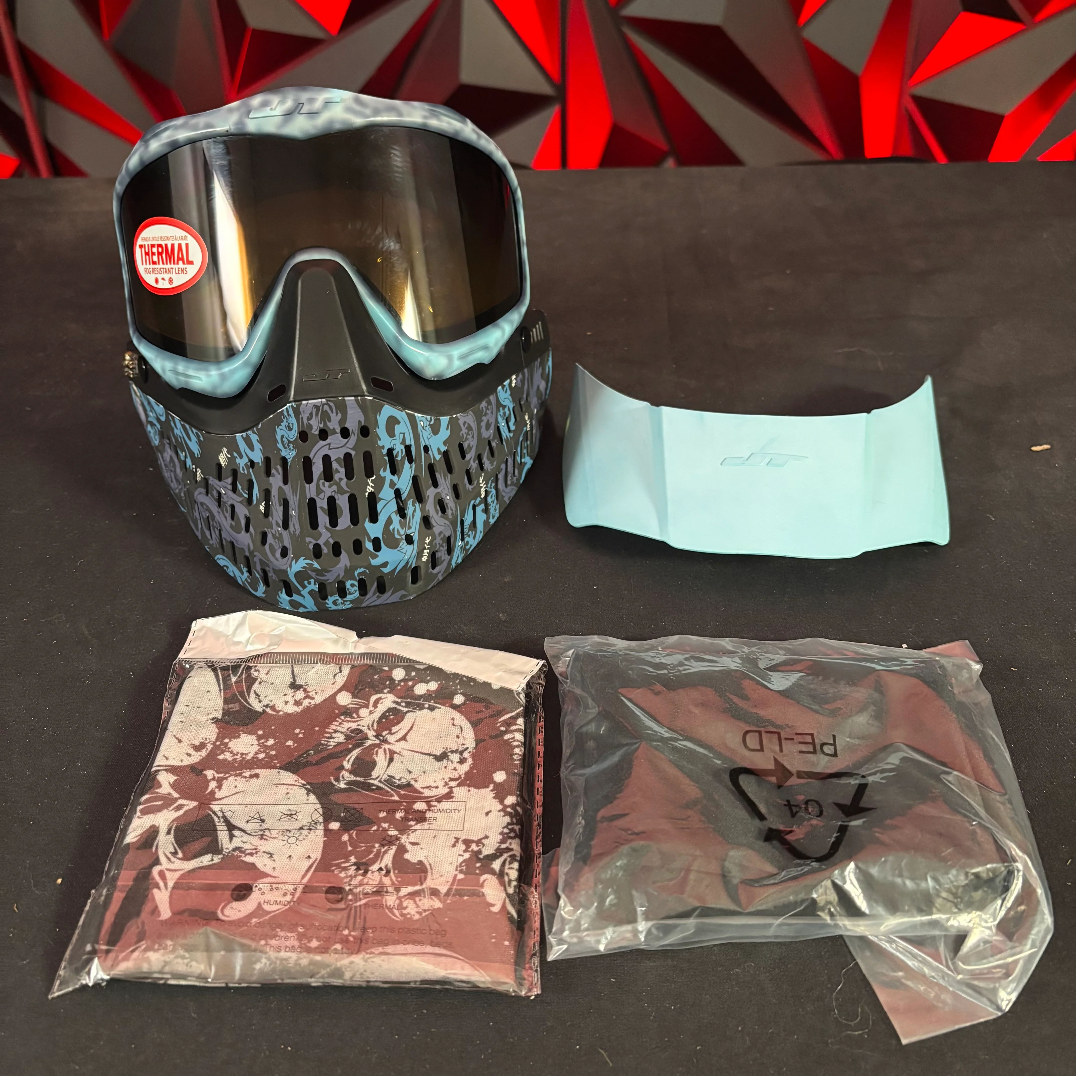 Used JT Proflex Paintball Mask - Custom #9 Dark blue to Light blue tie dye Frame /w Dynasty Bottoms and Blue ears *Custom*