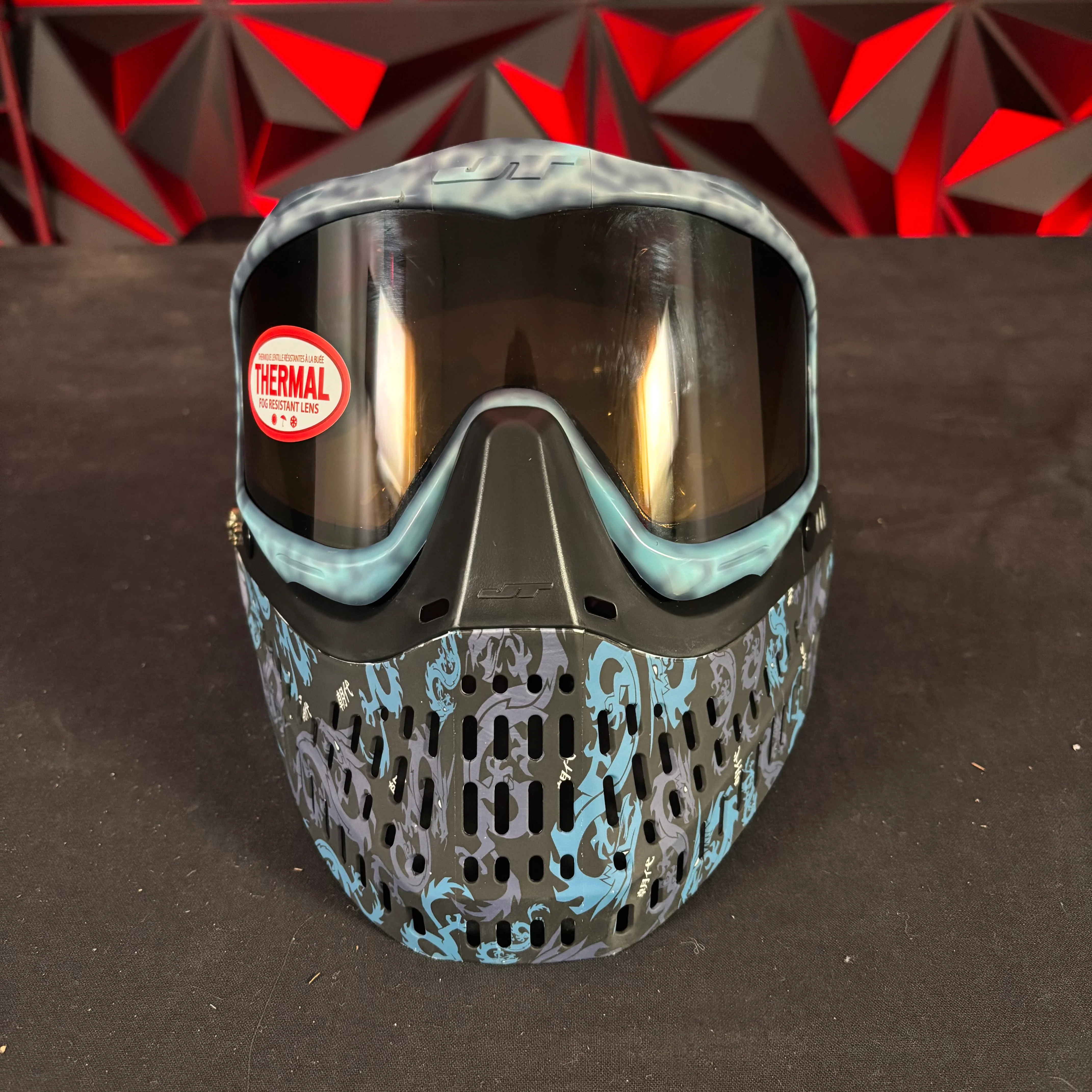Used JT Proflex Paintball Mask - Custom #9 Dark blue to Light blue tie dye Frame /w Dynasty Bottoms and Blue ears *Custom* - Image 2