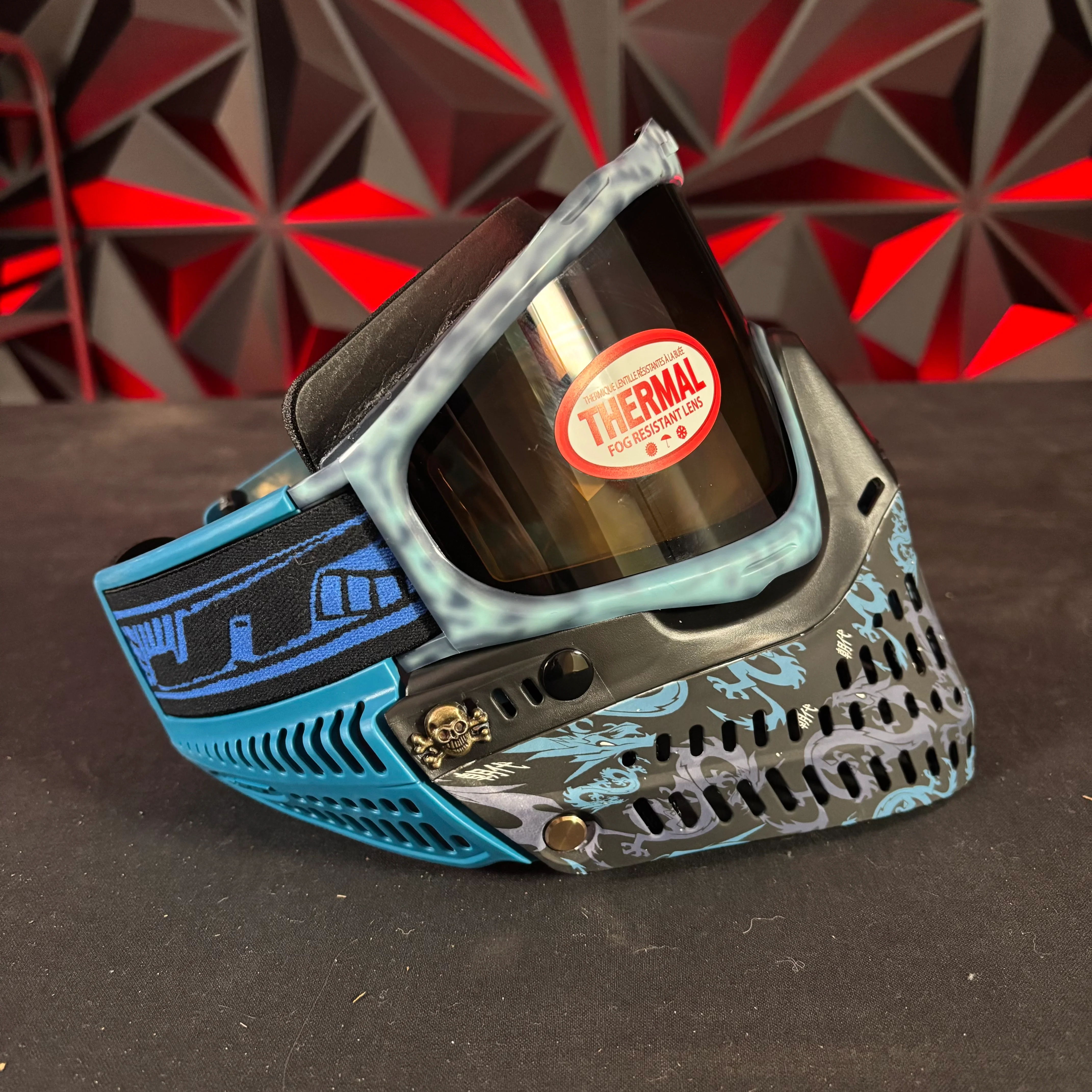 Used JT Proflex Paintball Mask - Custom #9 Dark blue to Light blue tie dye Frame /w Dynasty Bottoms and Blue ears *Custom* - Image 3