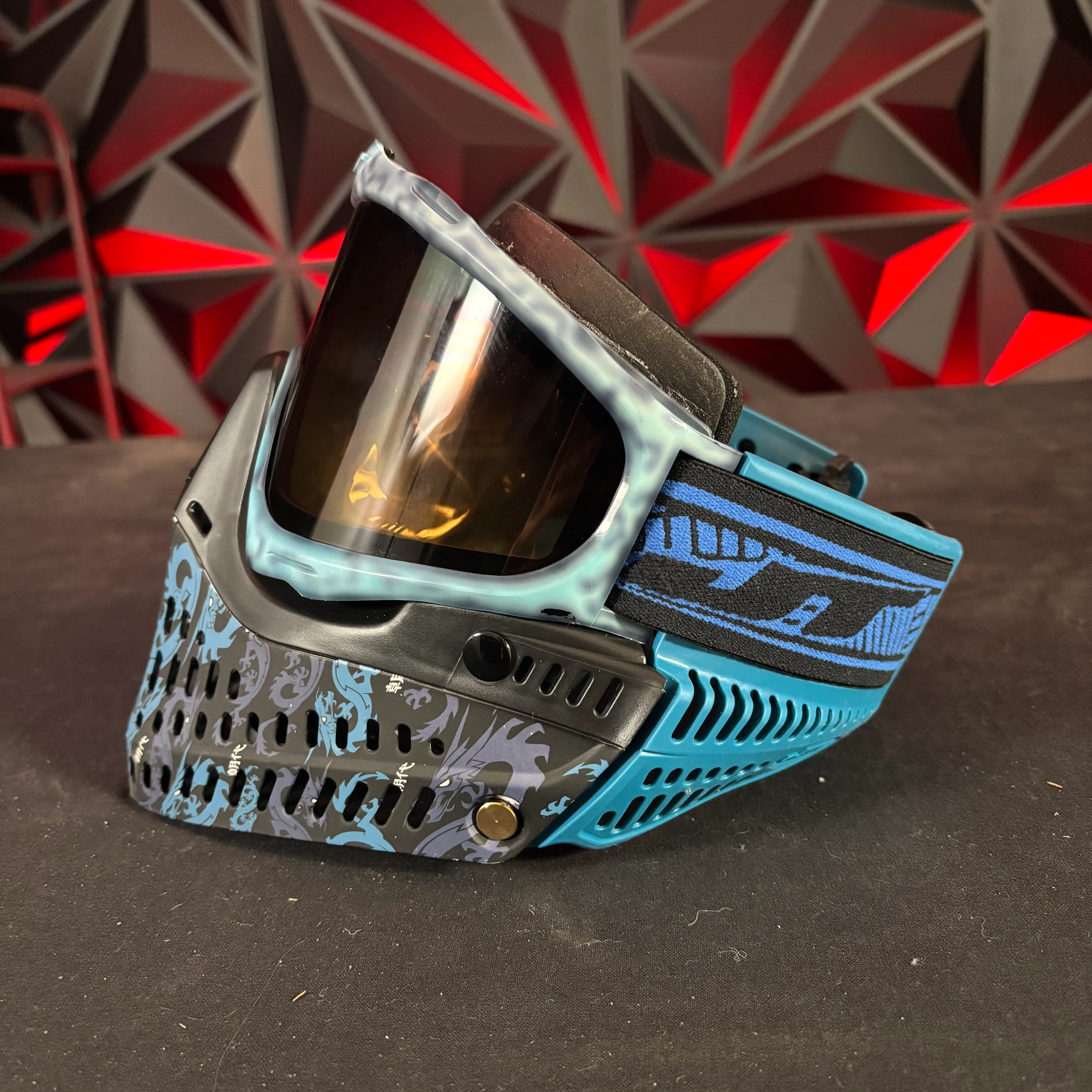 Used JT Proflex Paintball Mask - Custom #9 Dark blue to Light blue tie dye Frame /w Dynasty Bottoms and Blue ears *Custom* - Image 6