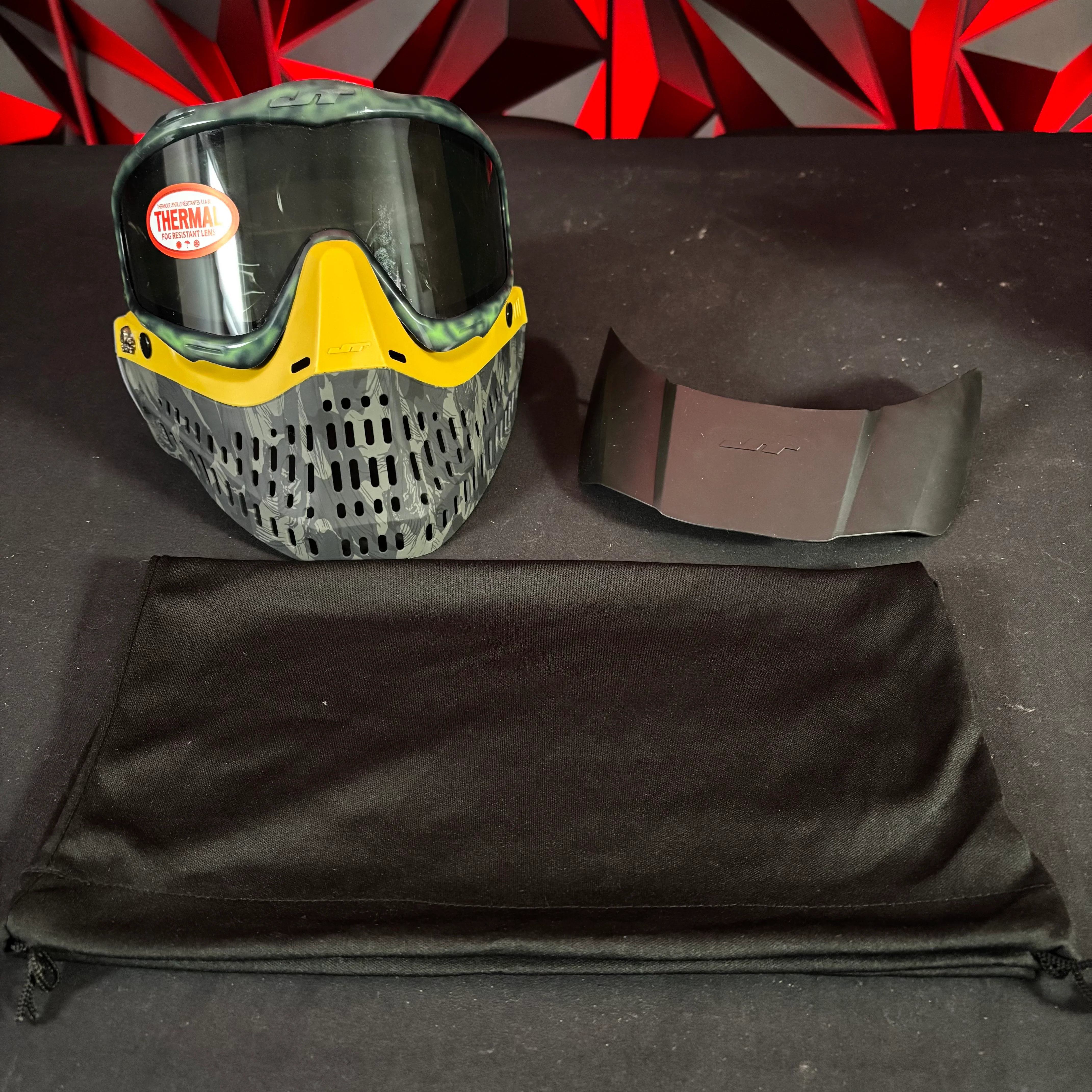 Used JT Proflex Paintball Mask - Custom #8 Green Cheeta/w yellow tiger stripe bottoms and grey ears *Custom*